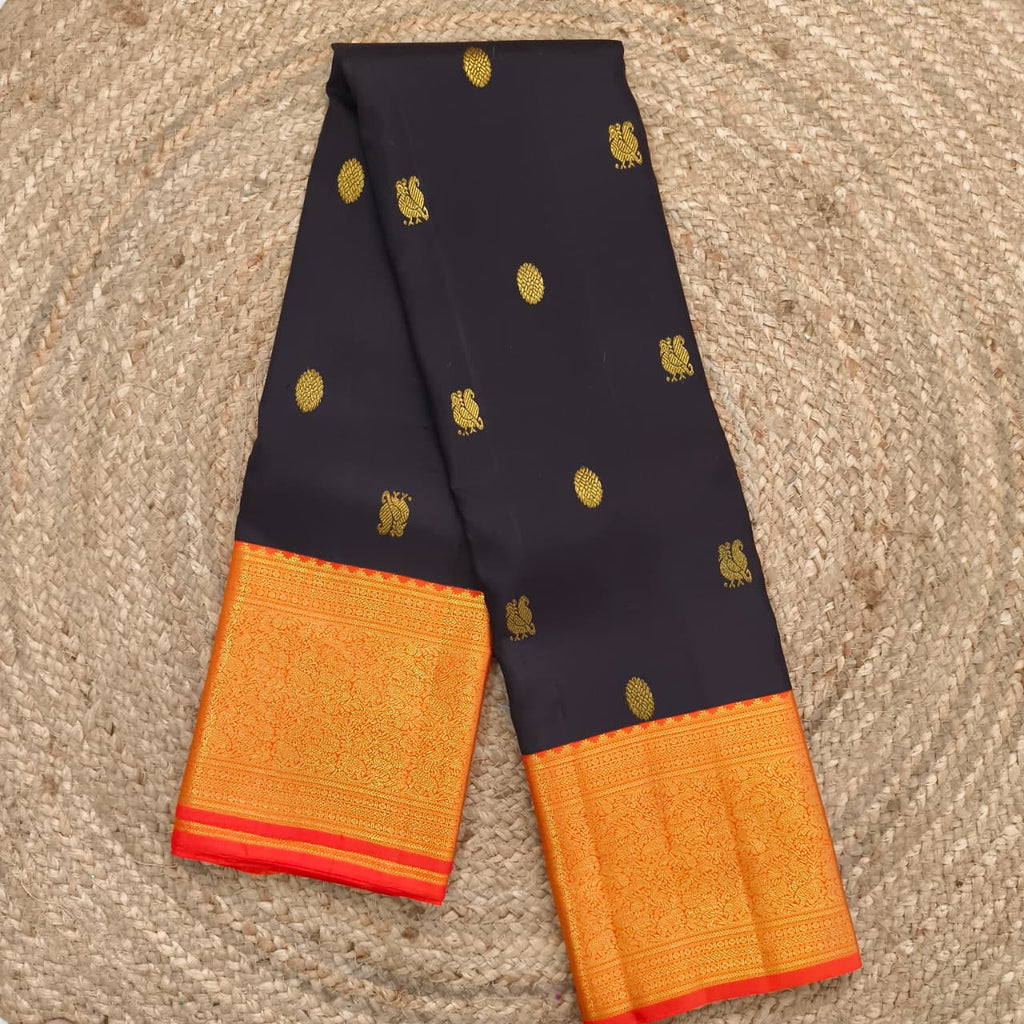Black and Orange Kanchipuram Silk Saree