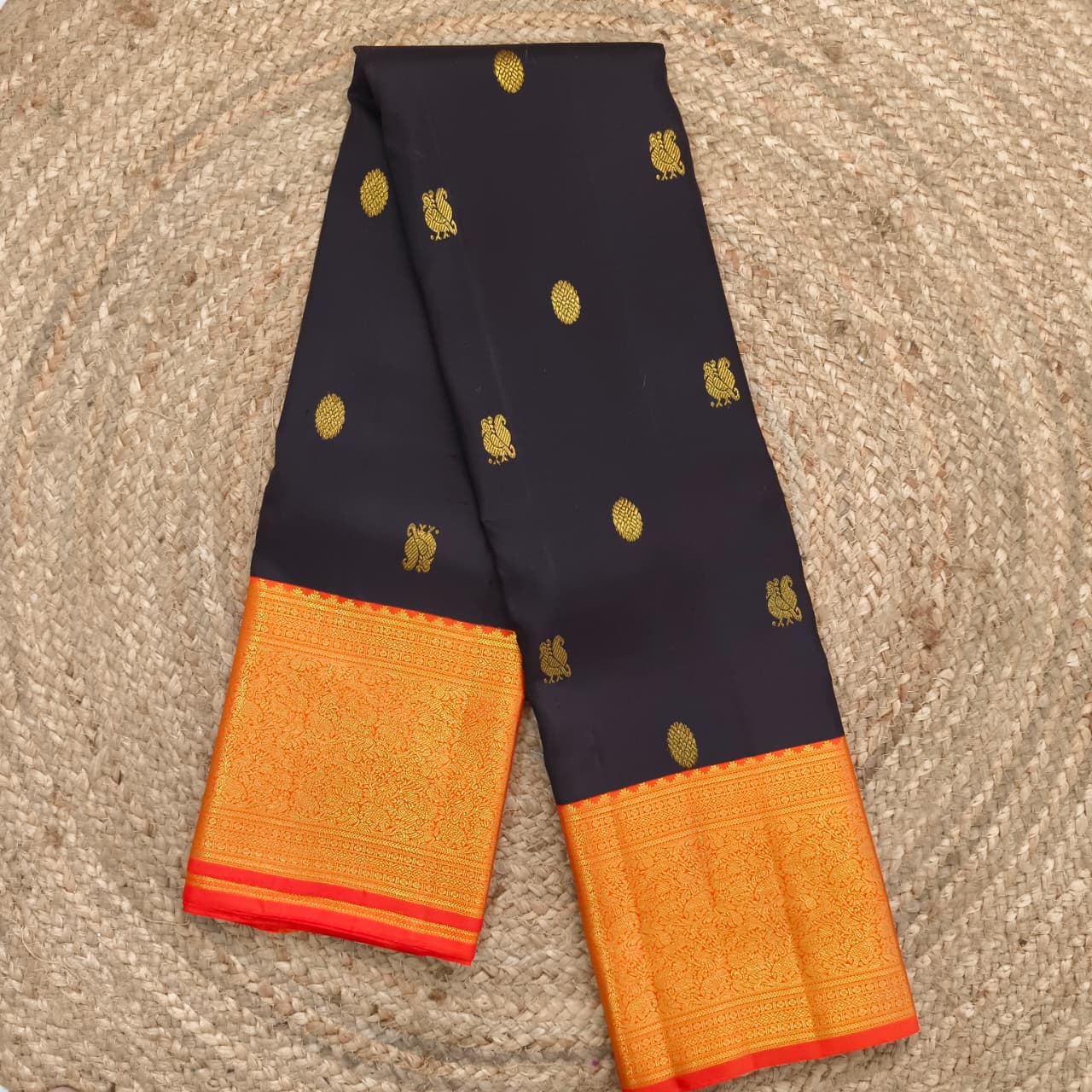 Black and Orange Kanchipuram Silk Saree