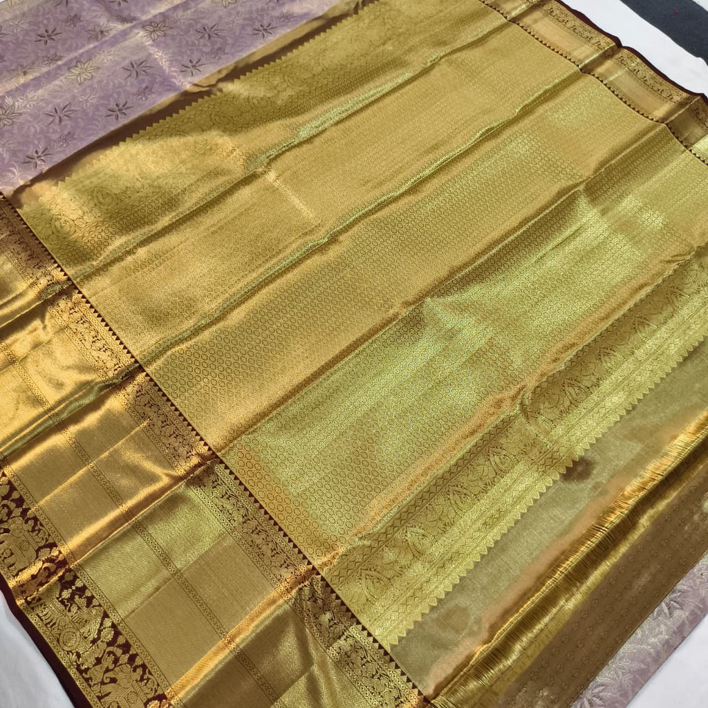 Lilac and Deep Maroon Kanchipuram Brocade Tissue Silk Saree