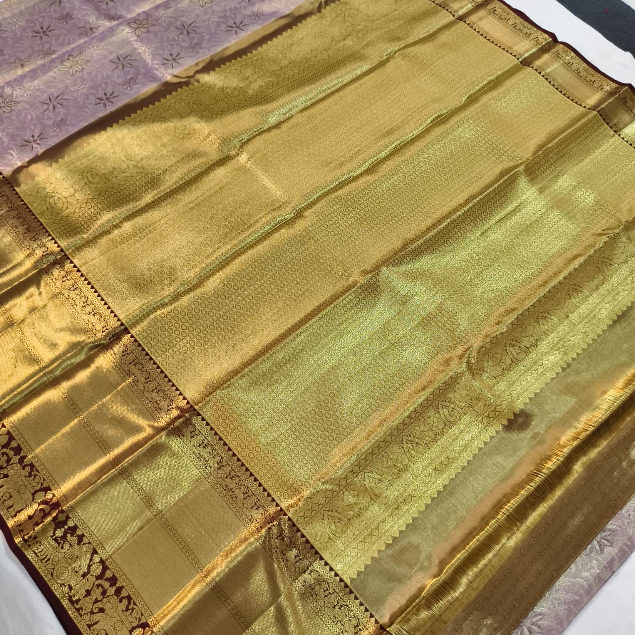 Lilac and Deep Maroon Kanchipuram Brocade Tissue Silk Saree