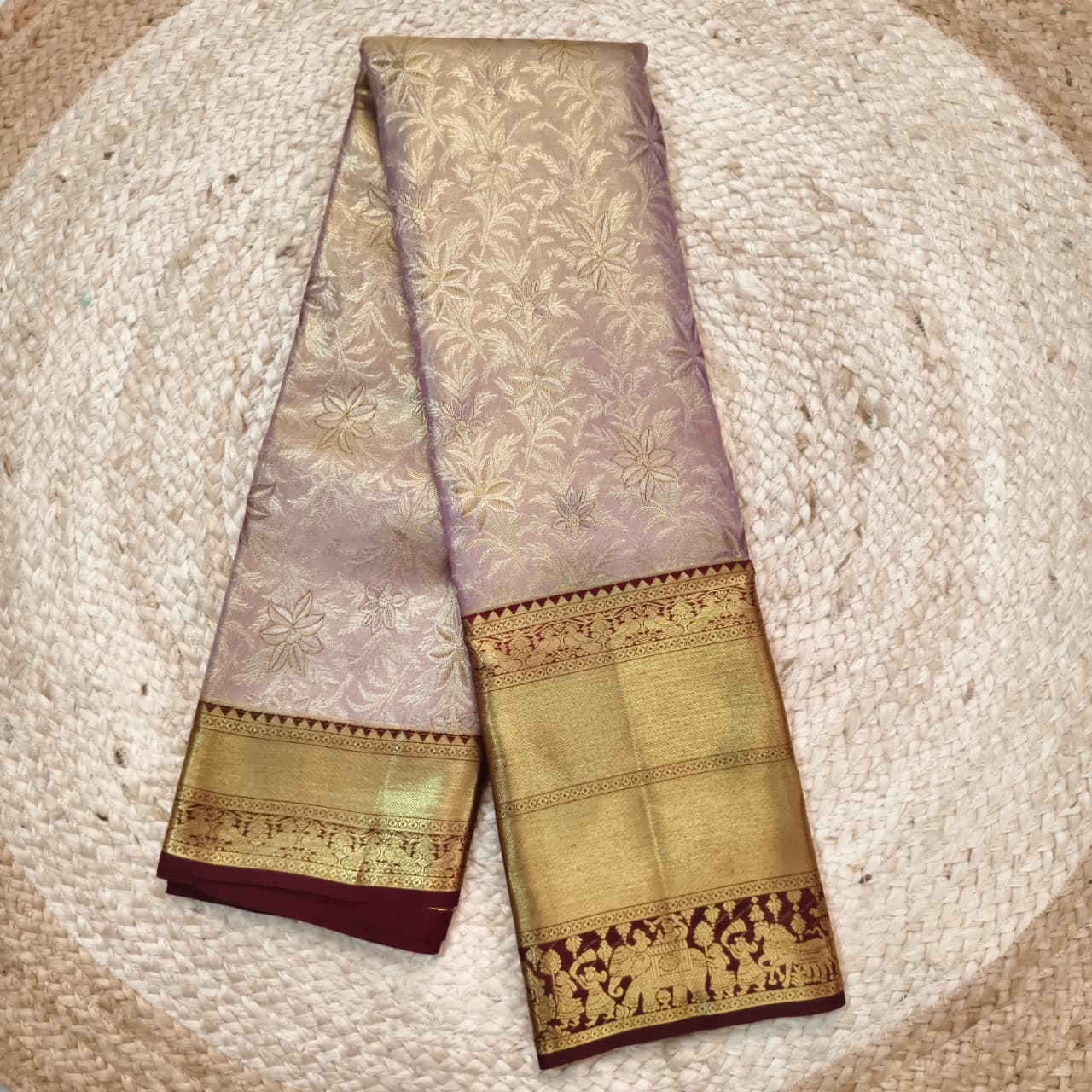 Lilac and Deep Maroon Kanchipuram Brocade Tissue Silk Saree