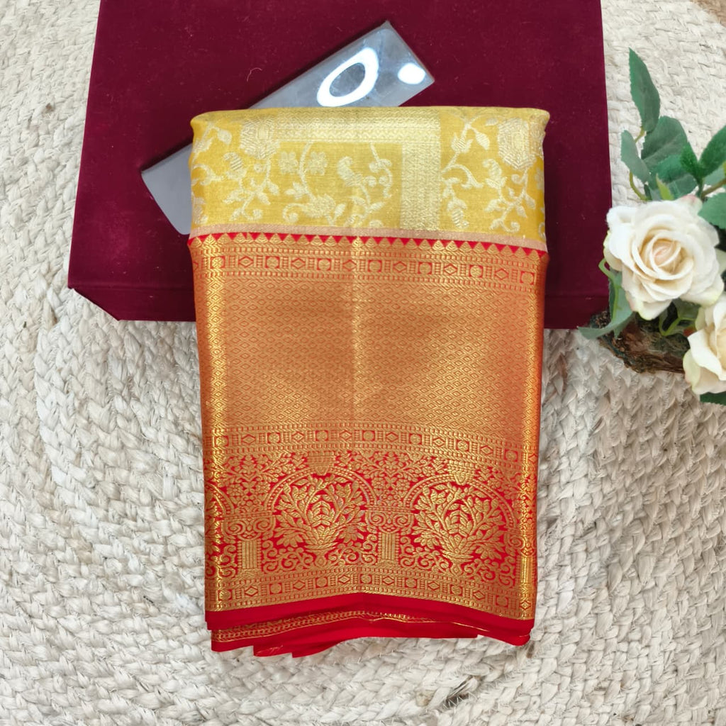 Golden Yellow and Red Kanchipuram Brocade Tissue Silk Saree