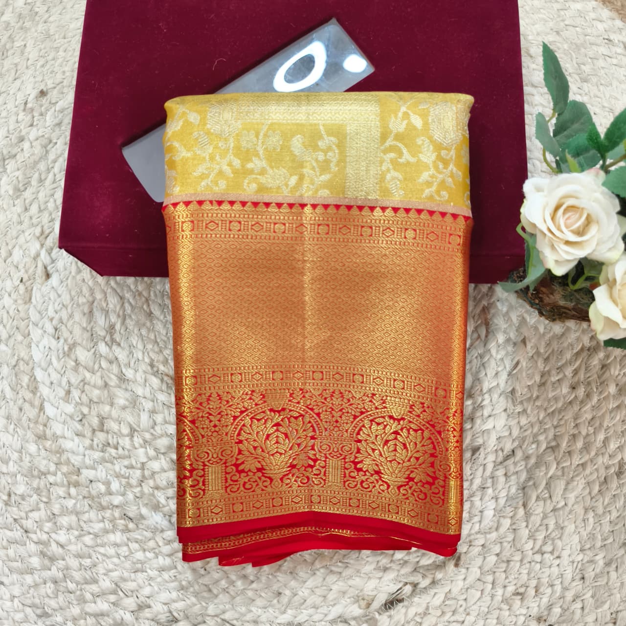 Golden Yellow and Red Kanchipuram Brocade Tissue Silk Saree