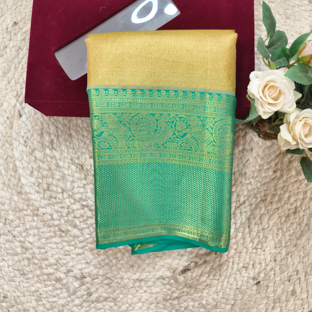 Gold and Rexona Green Kanchipuram Brocade Tissue Silk Saree