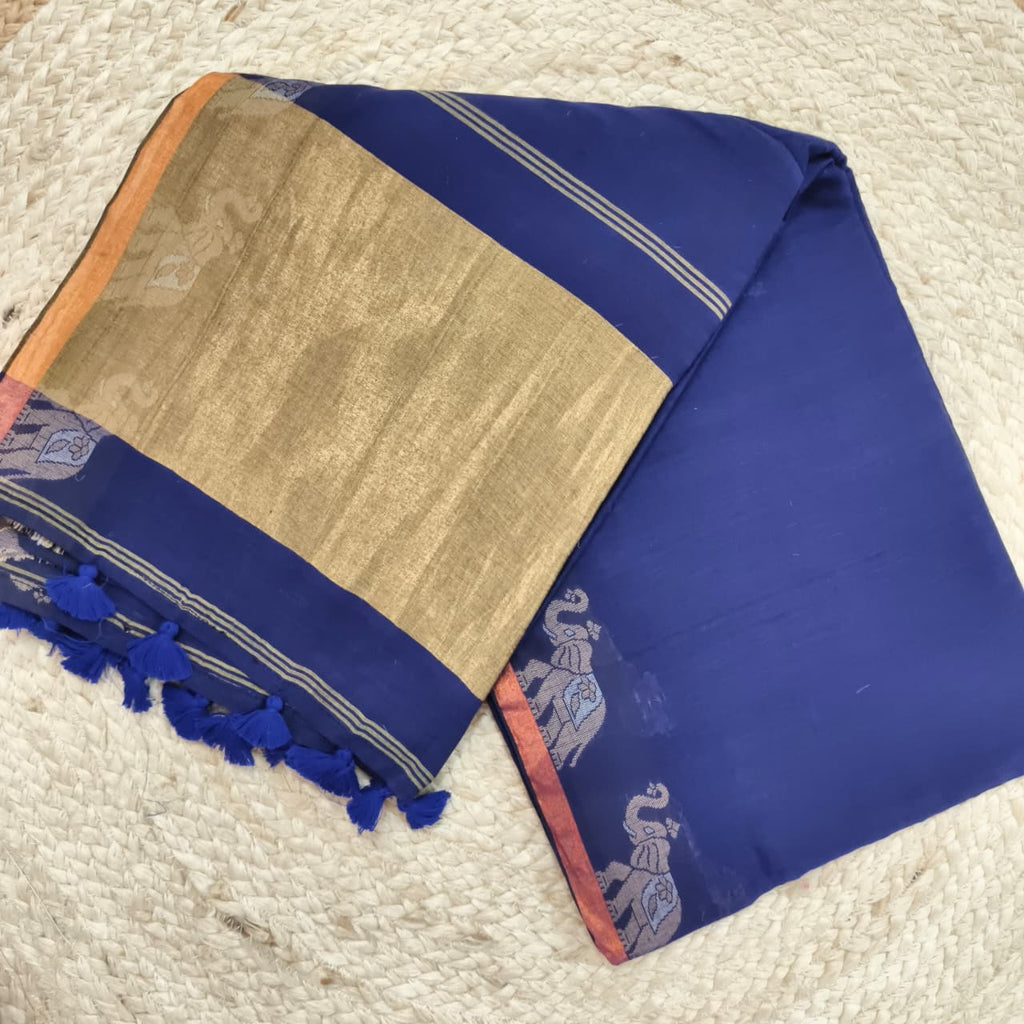 Bengal Cotton Saree- Blue with Elephant Border