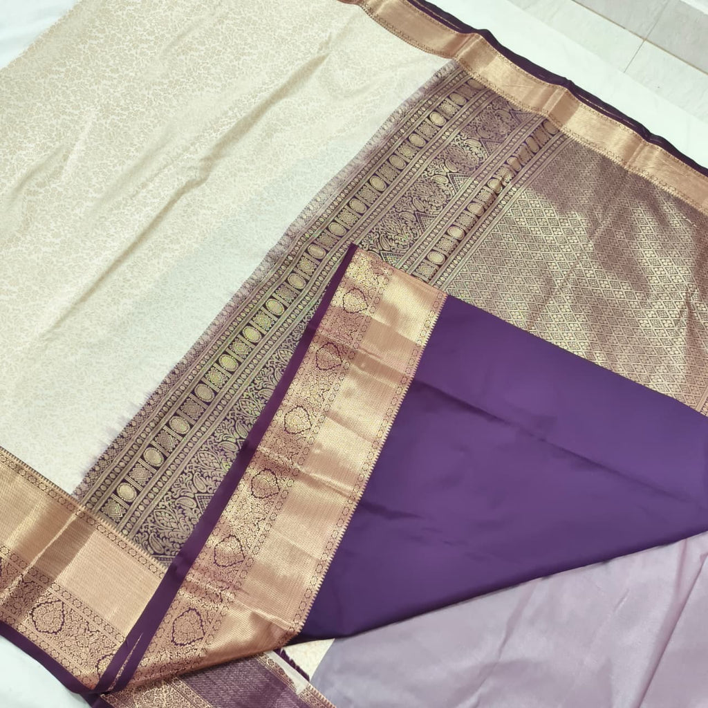 Semi Kanchipuram Brocade Silk Saree- Off White with Wine color Contrast