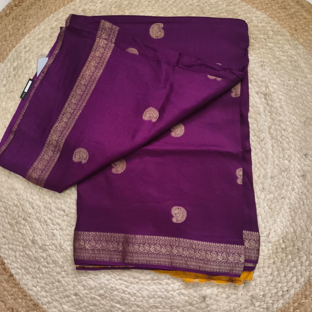 Deep Magenta Viscose Saree with Yellow Contrast blouse