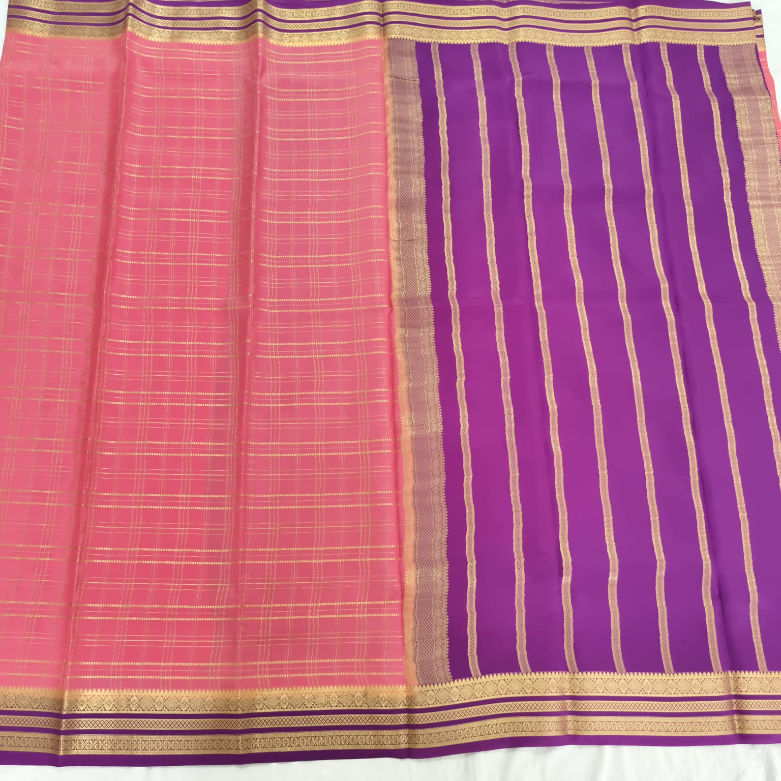 Pure Mysore Crepe Silk Saree – Light Pink with Wine Contrast