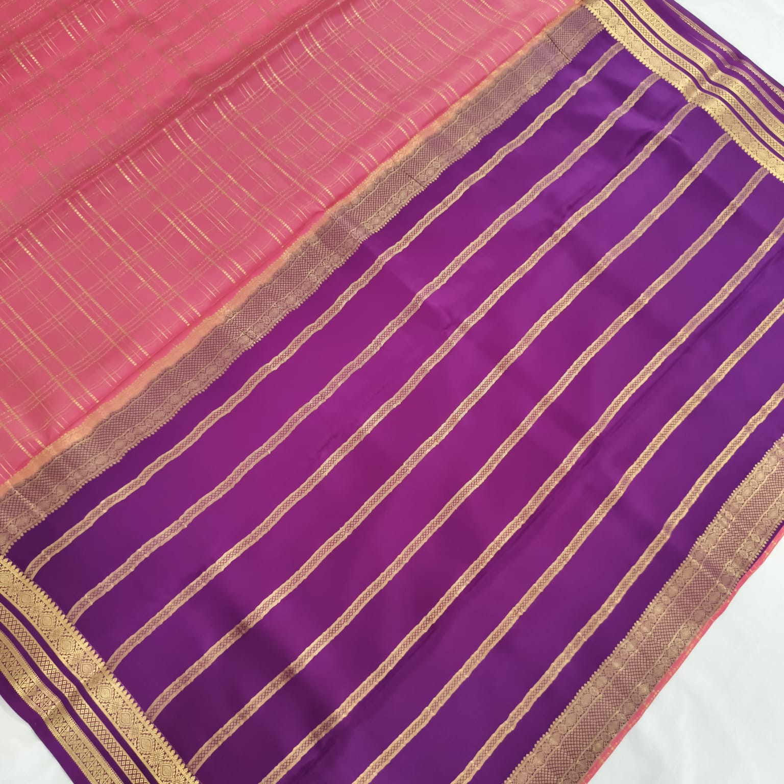Pure Mysore Crepe Silk Saree – Light Pink with Wine Contrast