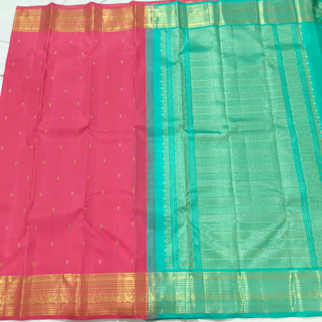 Pure Kanchipuram Handloom Silk Saree- Pink and Rexona Green