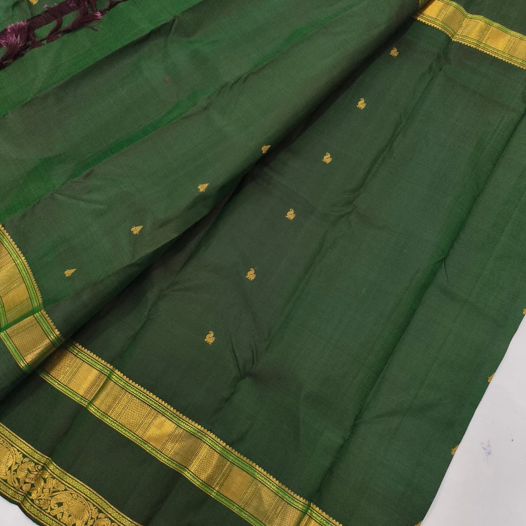 Pure Kanchipuram Handloom Silk Saree- Bottle Green With Big Bentex