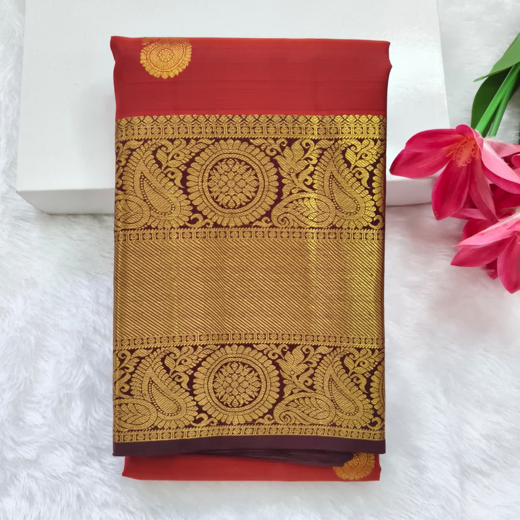 Pure Kanchipuram Silk Saree – Rust Orange and Deep Chocolate Contrast