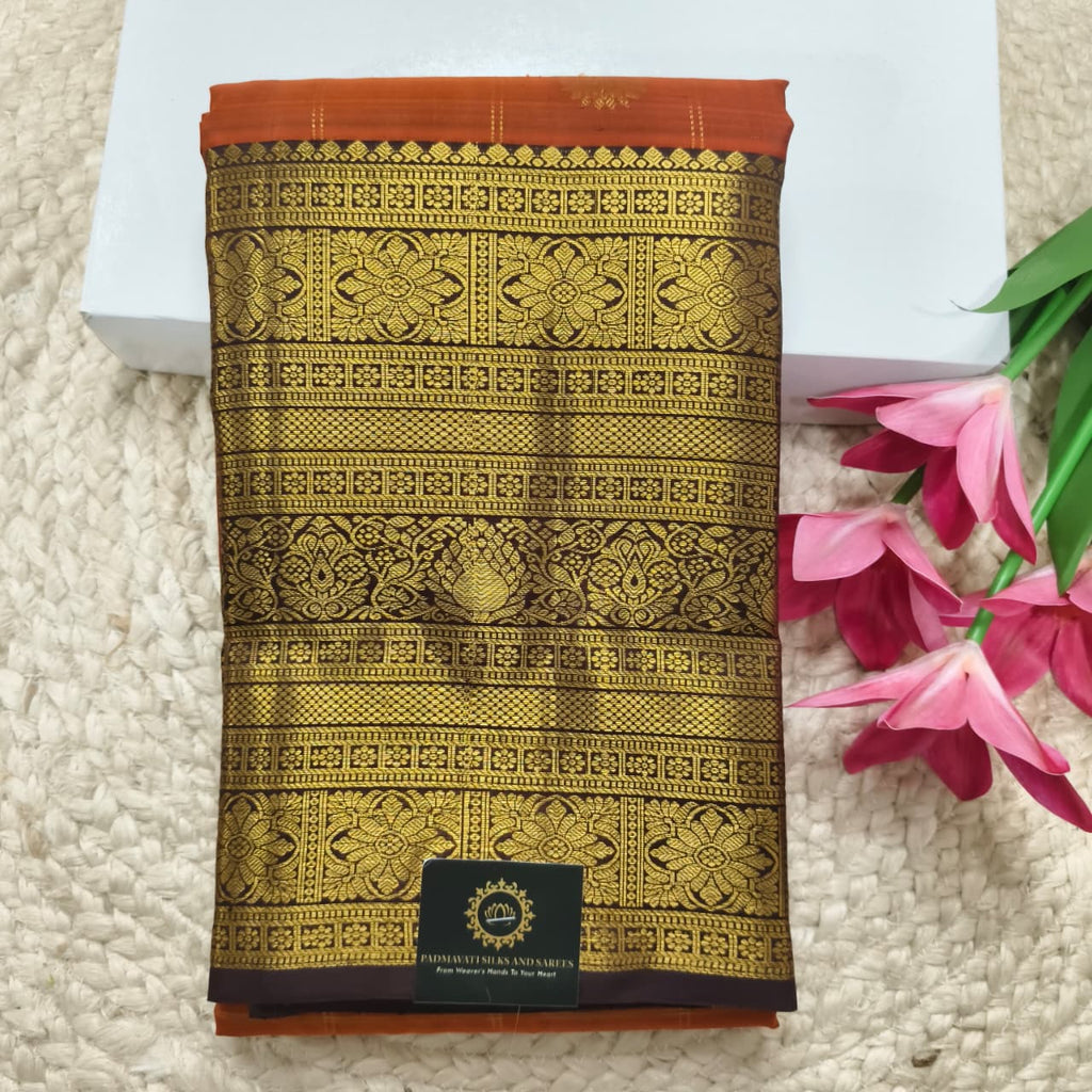 Pure Kanchipuram Silk Saree – Rust Orange and Deep Chocolate with Checks