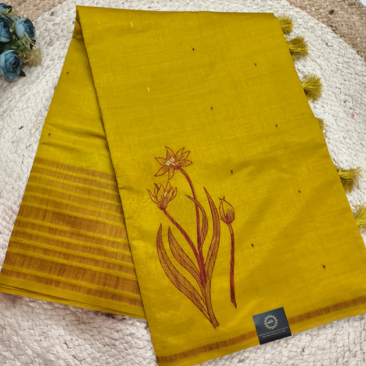 Yellow Silk Blend Cotton Saree