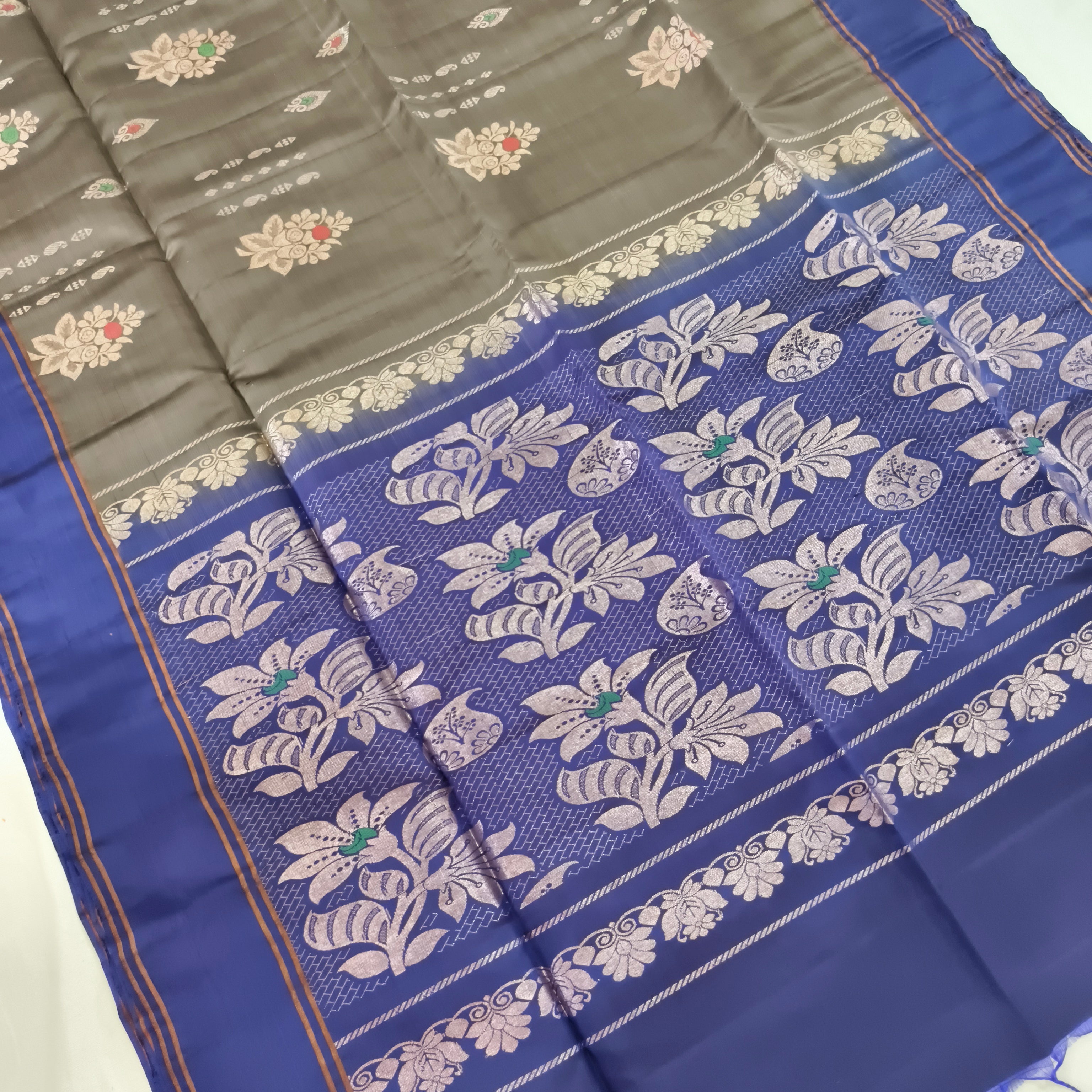 Soft Silk Saree – Dark Grey and Royal Blue Contrast