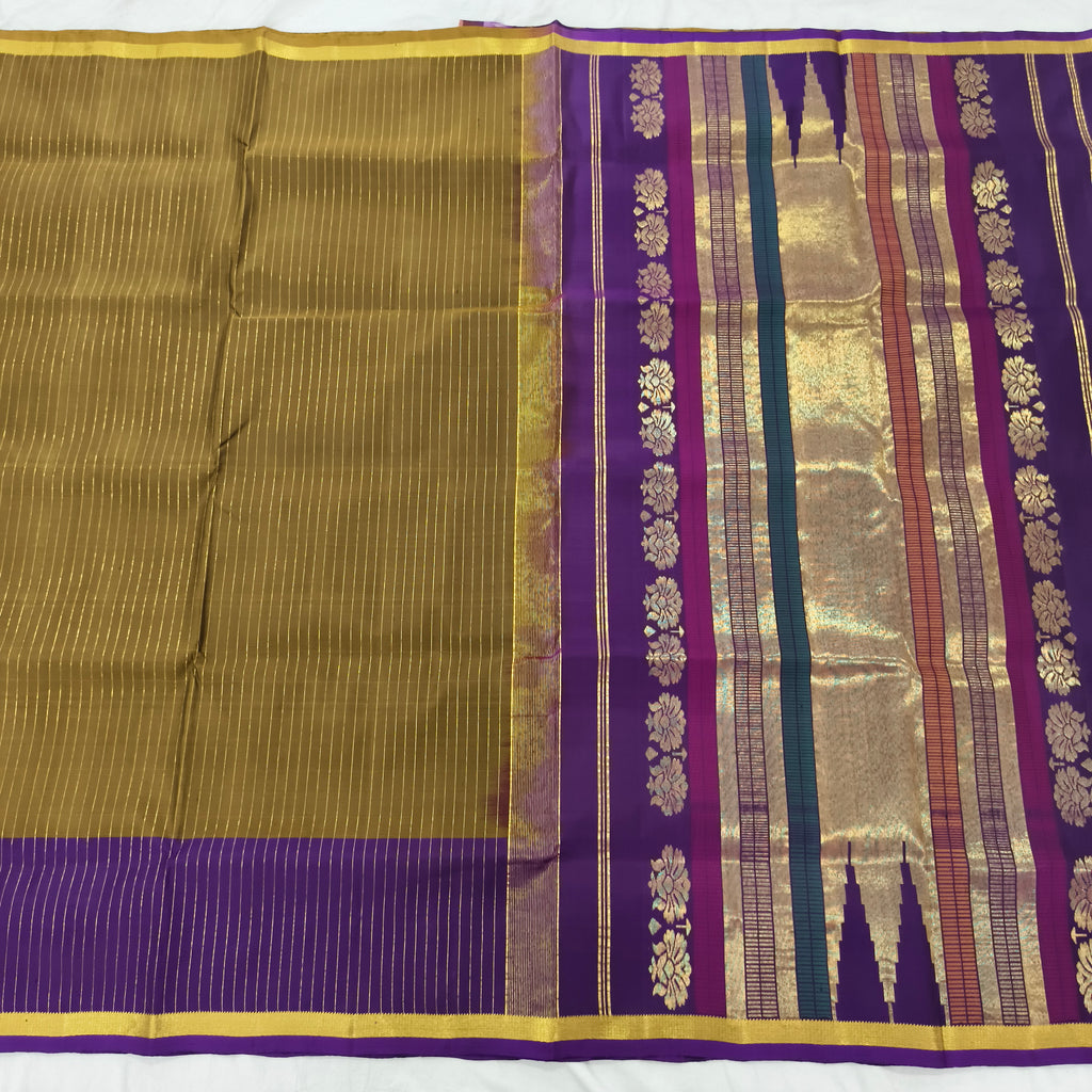 Pure Kanchipuram Silk Saree – Olive Green and Purple Contrast