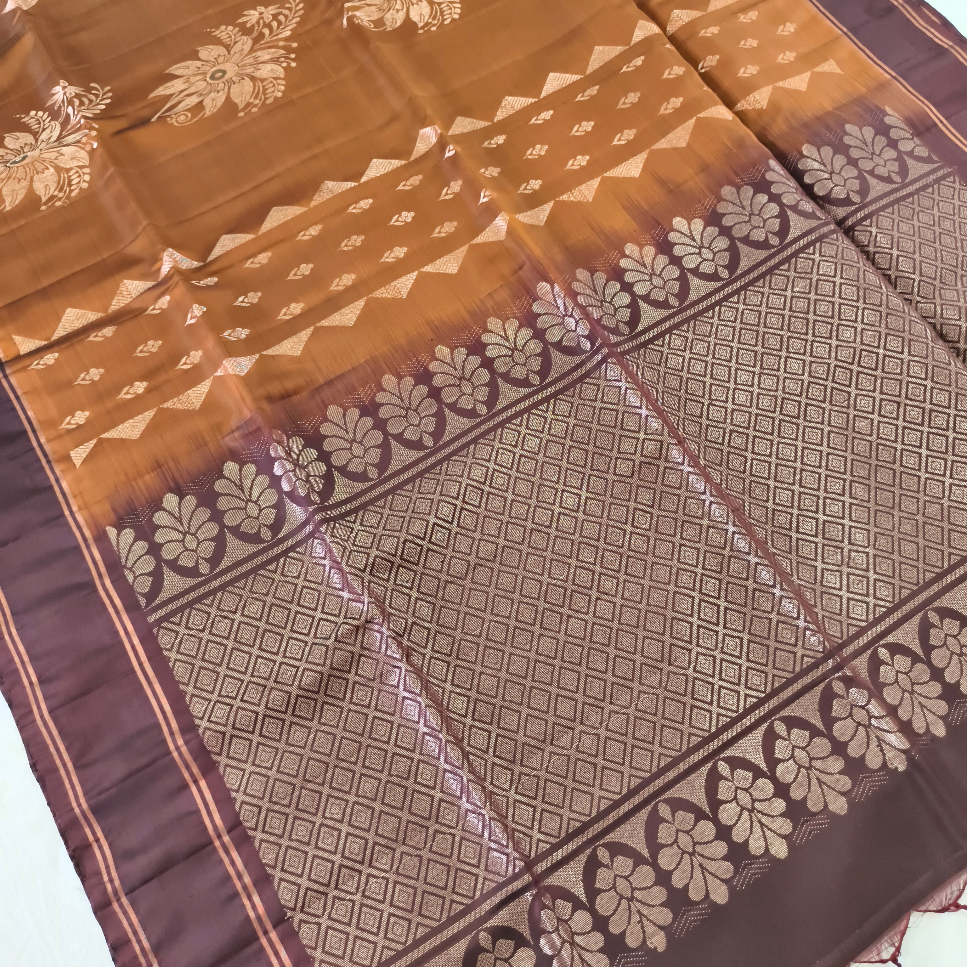 Soft Silk Saree – Copper Gold and Dark Brown Contrast