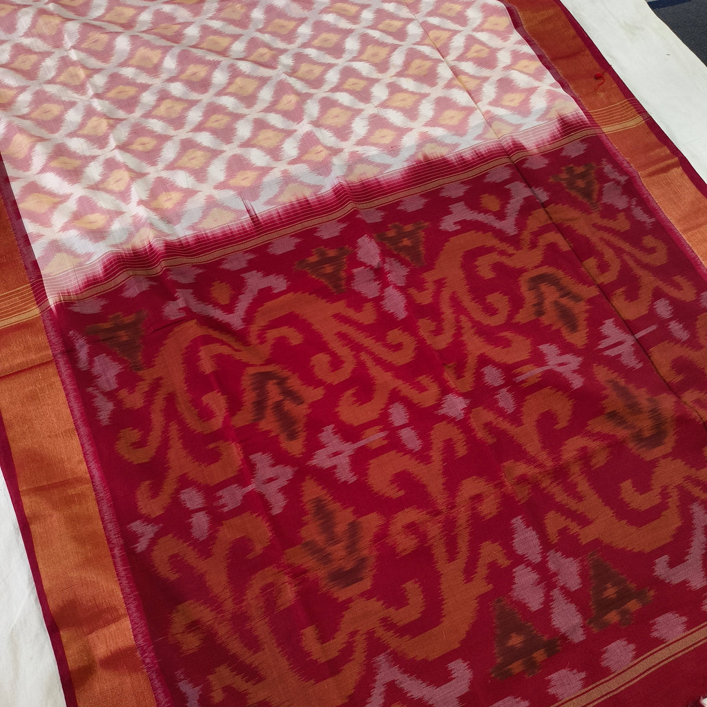 Silk Cotton Saree – White and Maroon