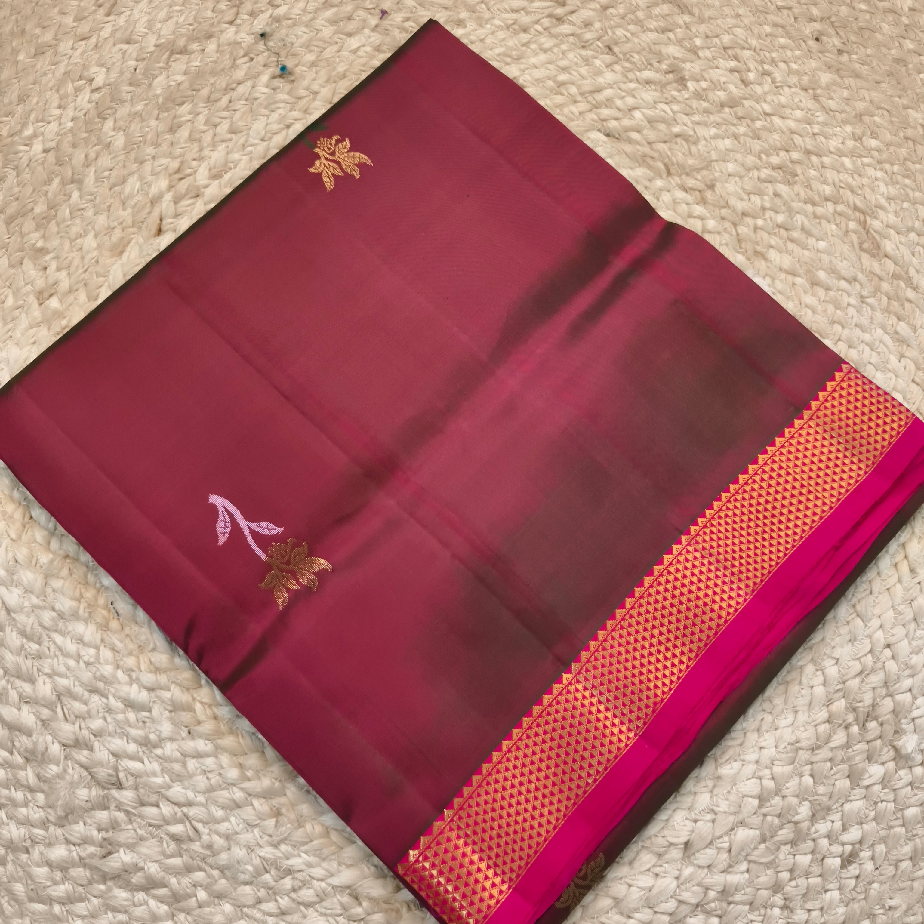 Pure Kanchipuram Silk Saree – Maroon and Rani Pink Contrast