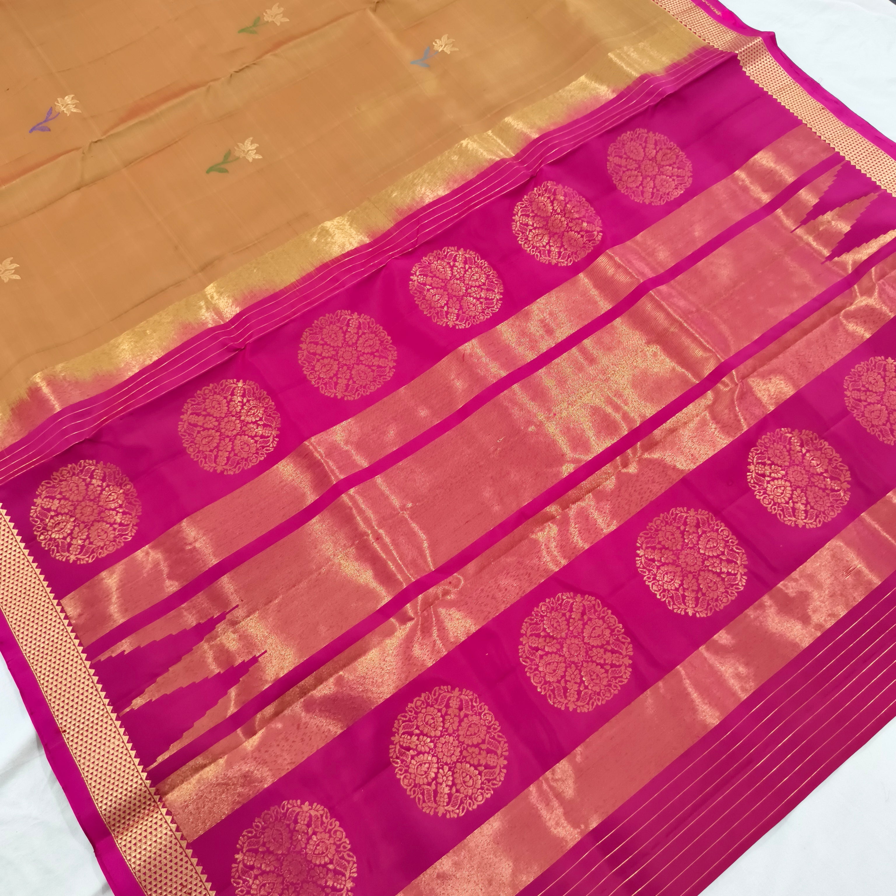 Pure Kanchipuram Silk Saree – Mustard Gold and Rani pink Contrast
