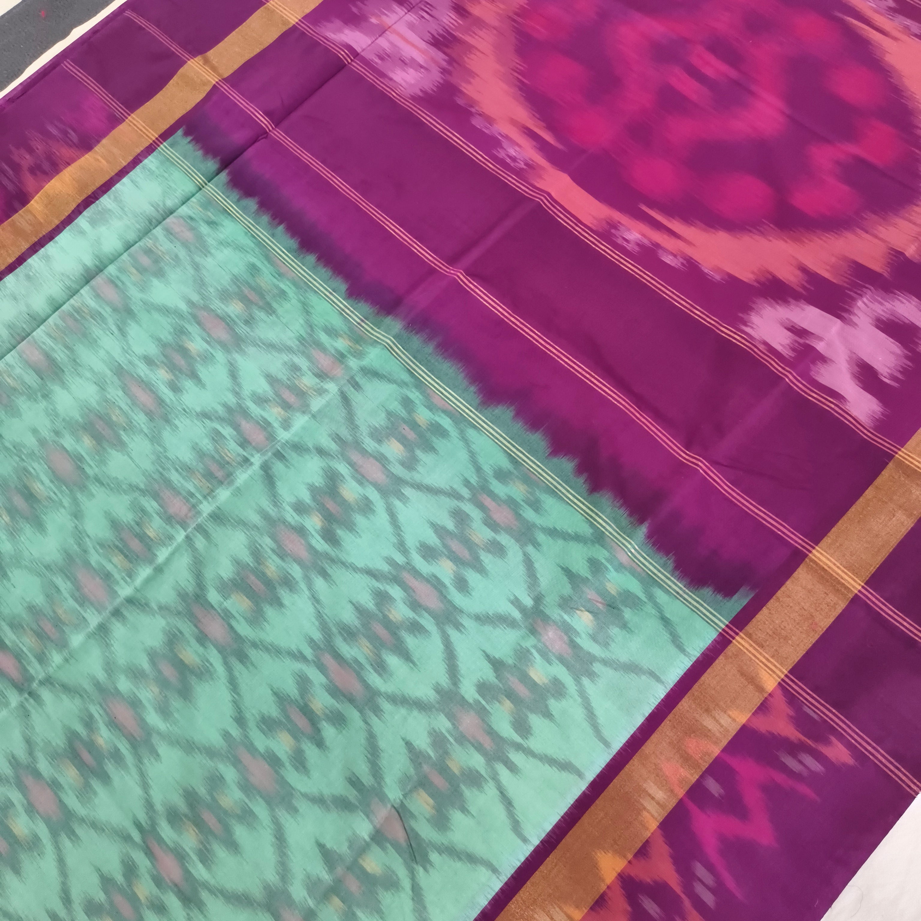 Silk Cotton Saree – Sea Green and Wine