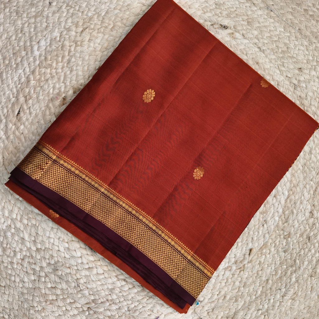Pure Kanchipuram Handloom Silk Saree – Rust Orange and Deep Maroon Contrast