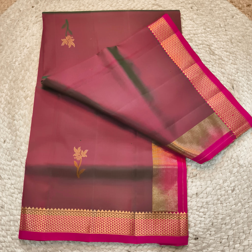 Pure Kanchipuram Silk Saree – Maroon and Rani Pink Contrast