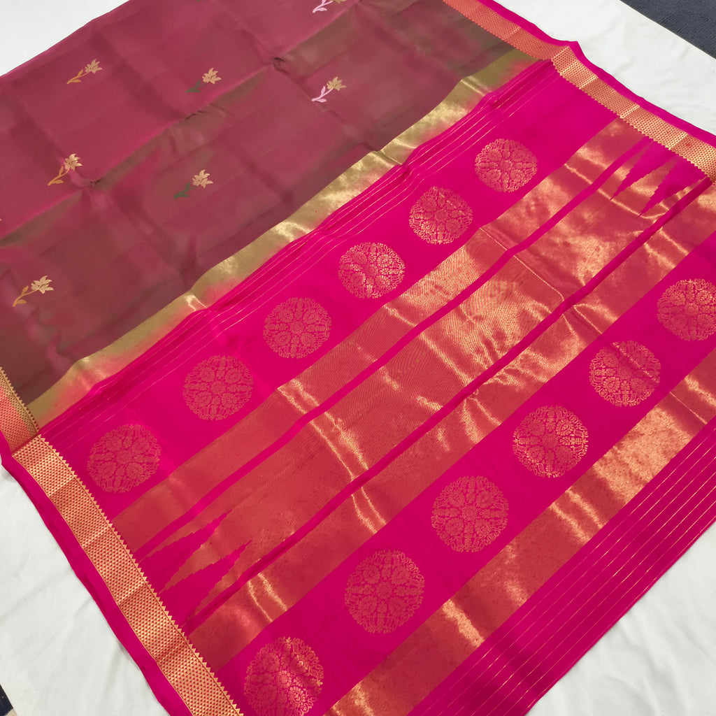 Pure Kanchipuram Silk Saree – Maroon and Rani Pink Contrast