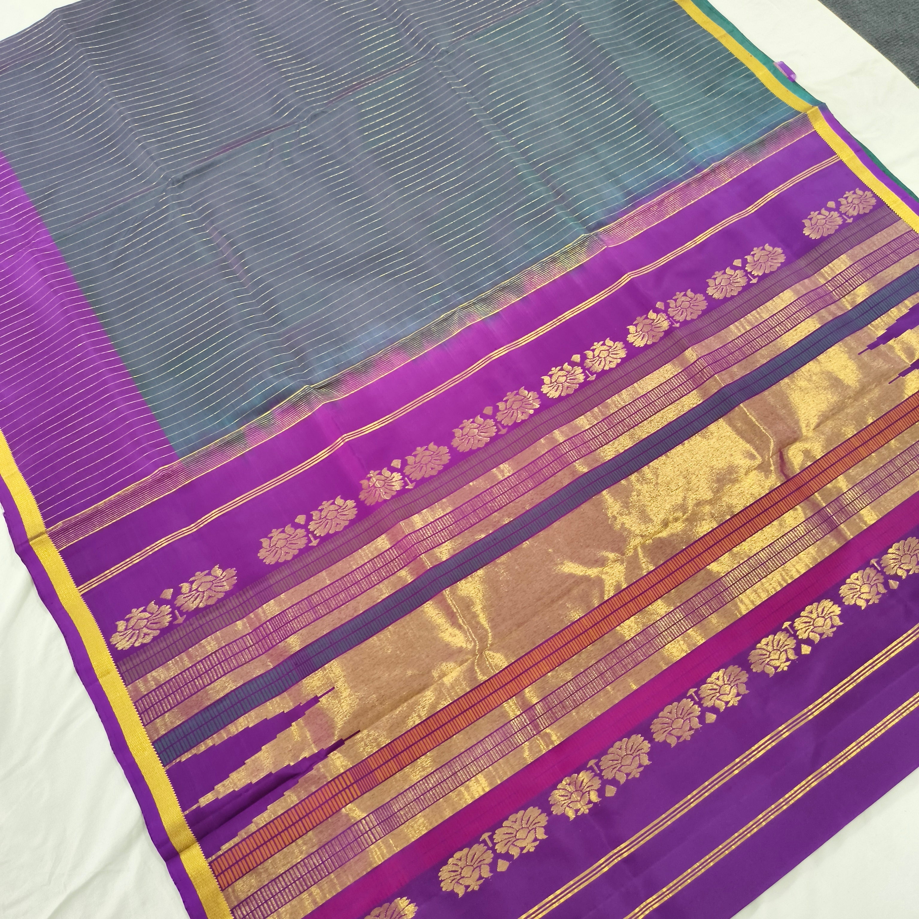 Pure Kanchipuram Silk Saree – Peacock Blue and Magenta Pink Contrast