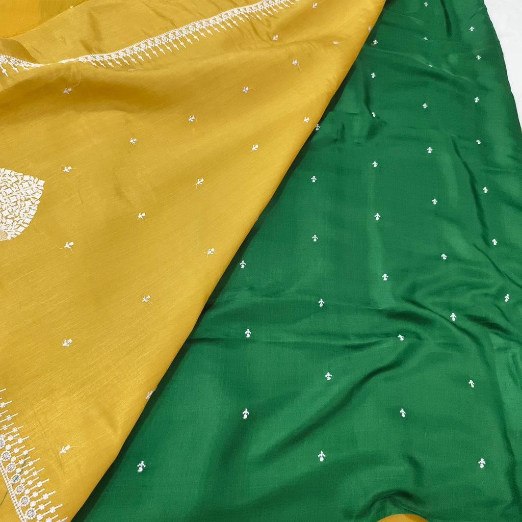 Yellow and Green Butter Silk saree