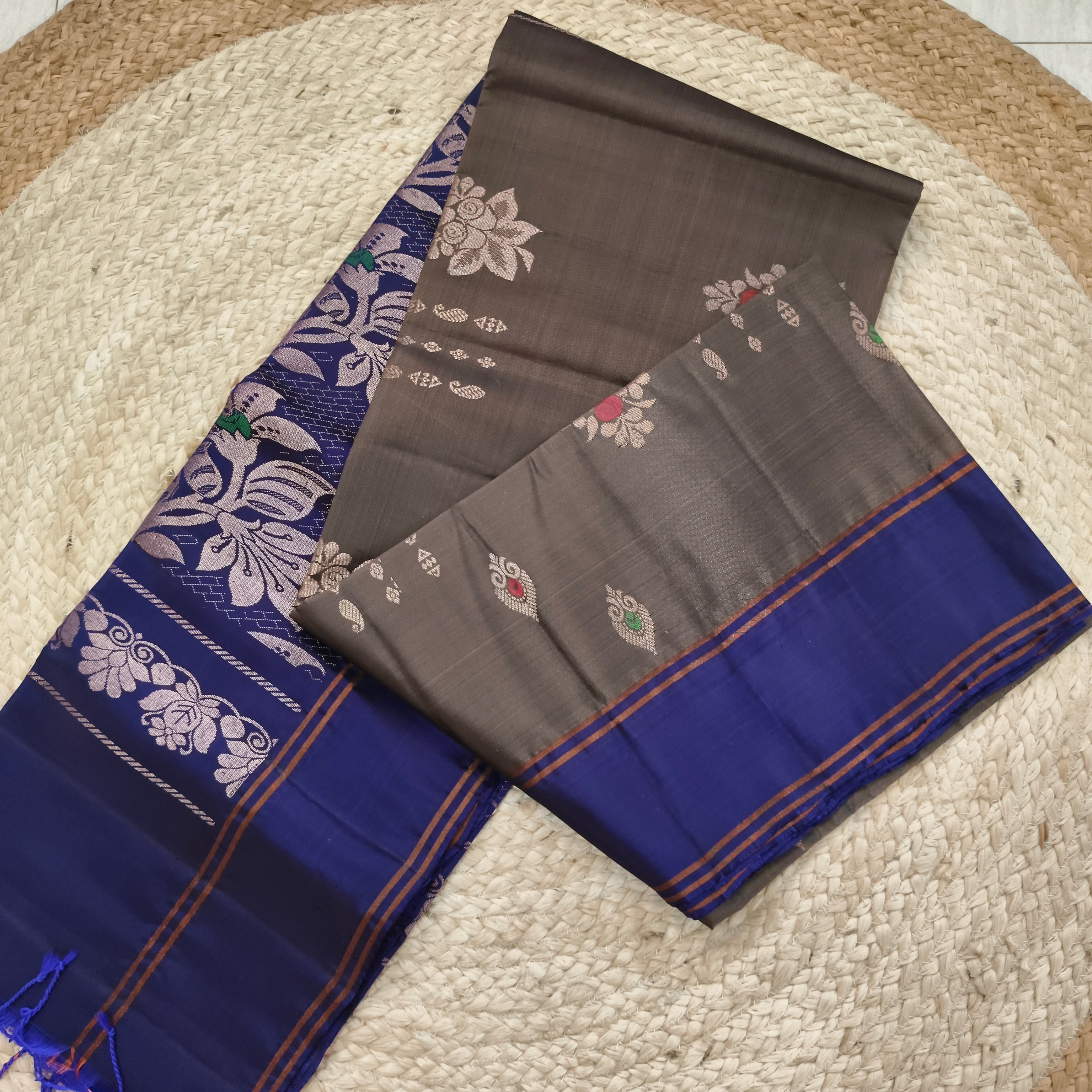 Soft Silk Saree – Dark Grey and Royal Blue Contrast