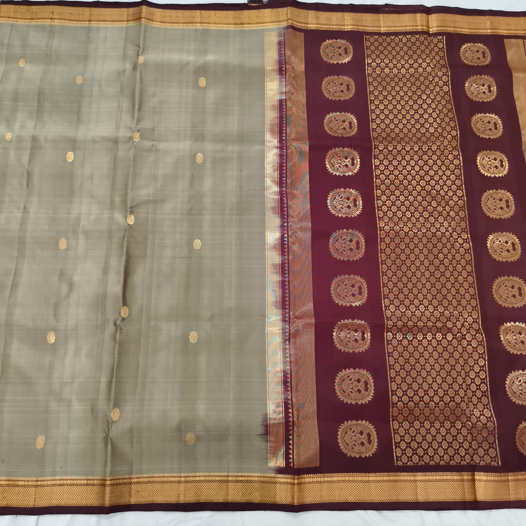 Pure Kanchipuram Handloom Silk Saree –Sage Grey and Deep Maroon Contrast
