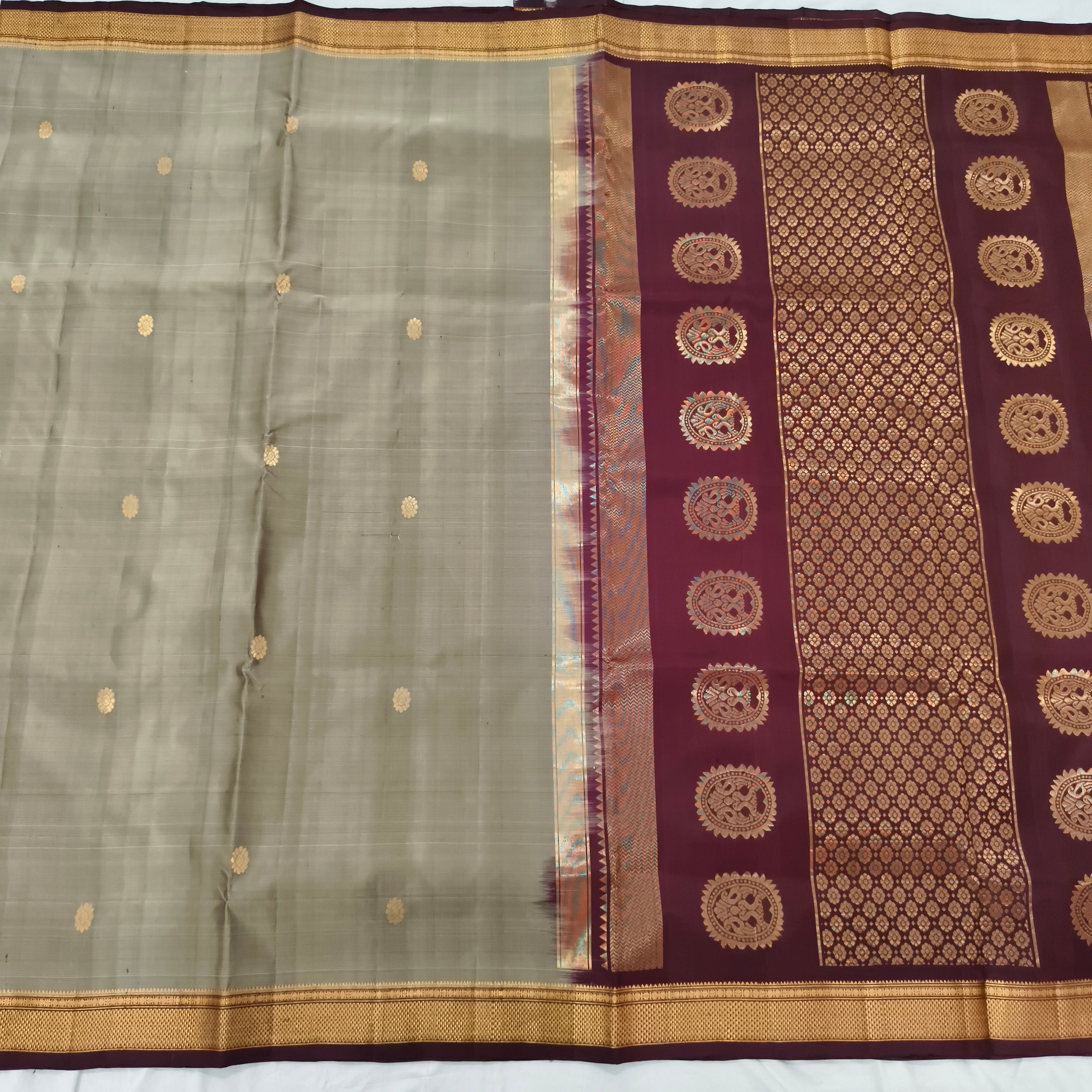 Pure Kanchipuram Handloom Silk Saree –Sage Grey and Deep Maroon Contrast
