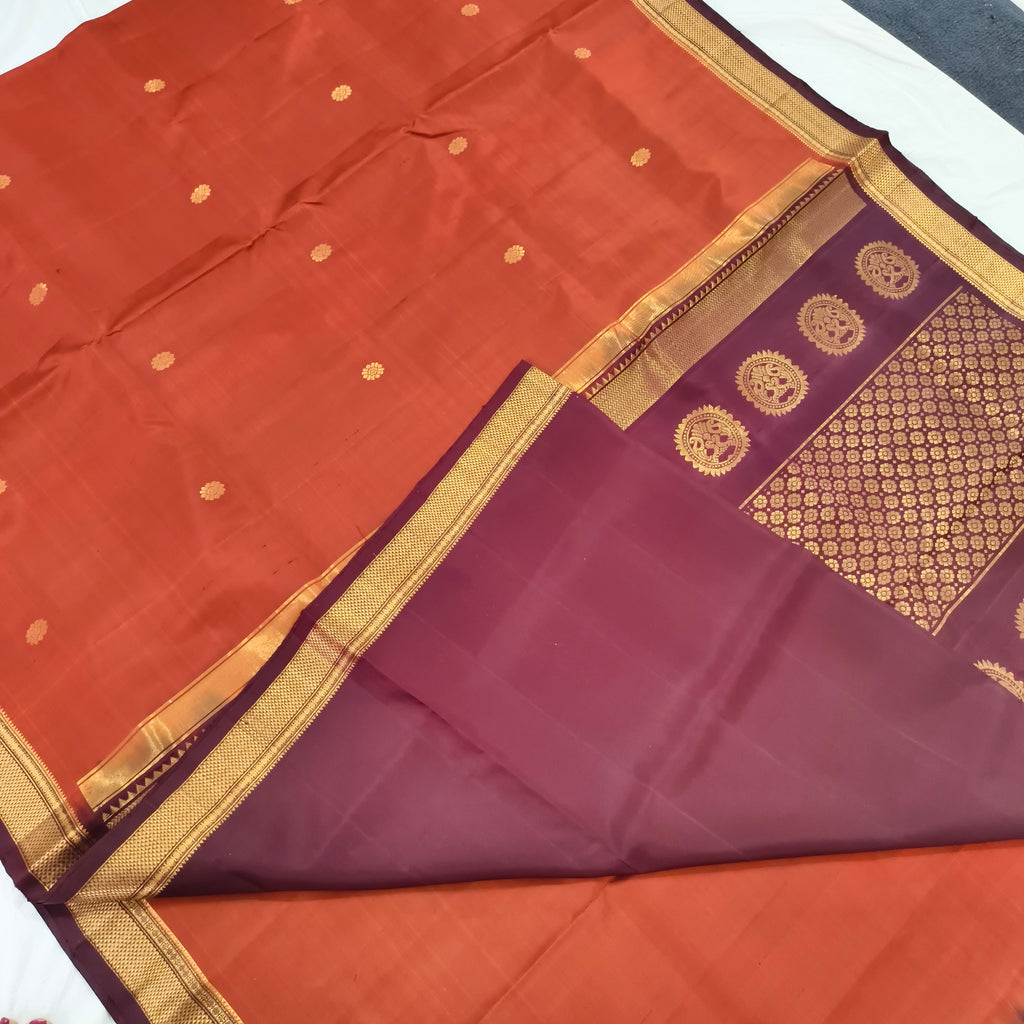 Pure Kanchipuram Handloom Silk Saree – Rust Orange and Deep Maroon Contrast