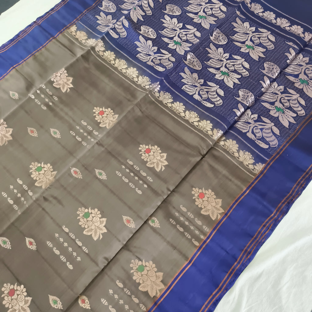 Soft Silk Saree – Dark Grey and Royal Blue Contrast