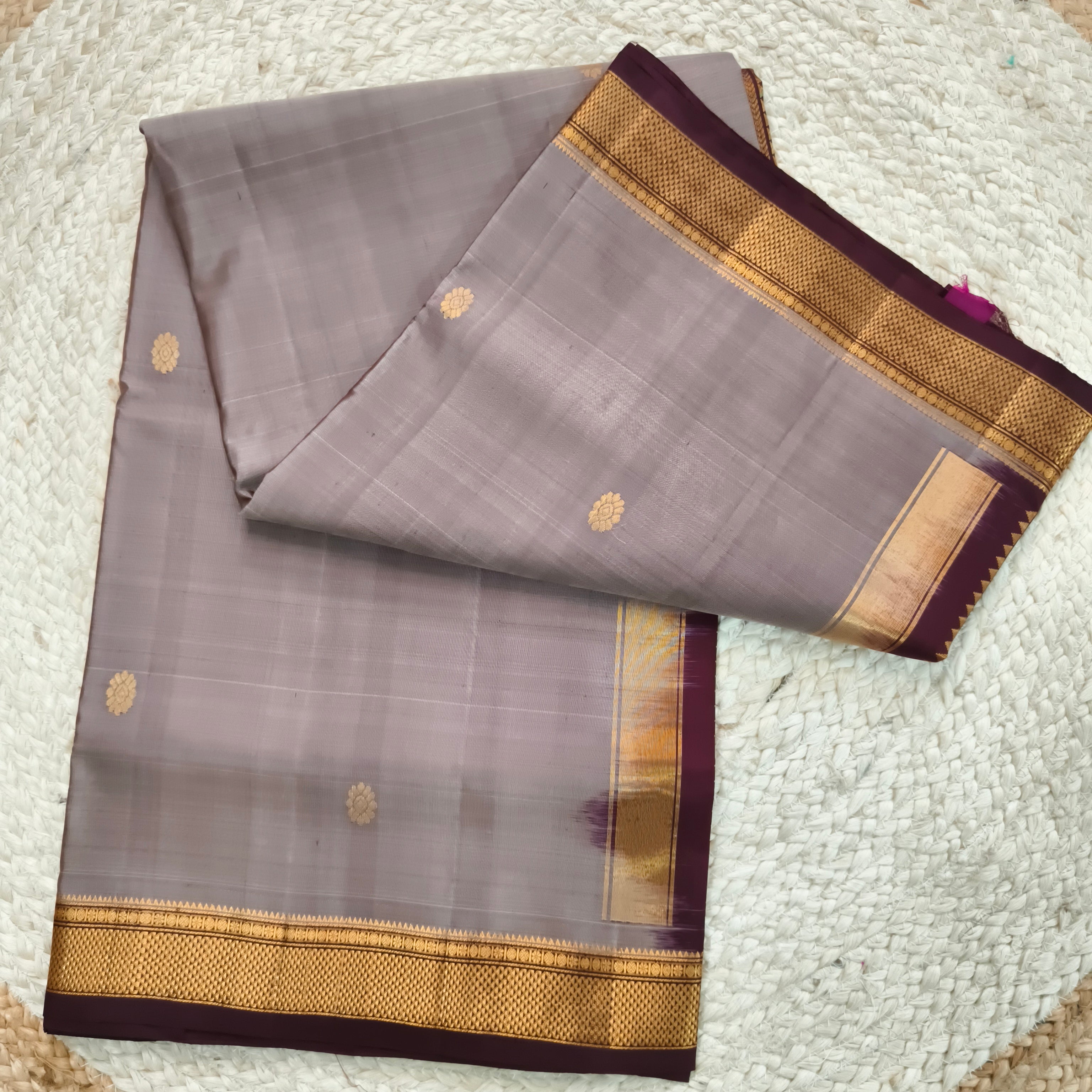 Pure Kanchipuram Handloom Silk Saree – Grey and Deep Maroon Contrast