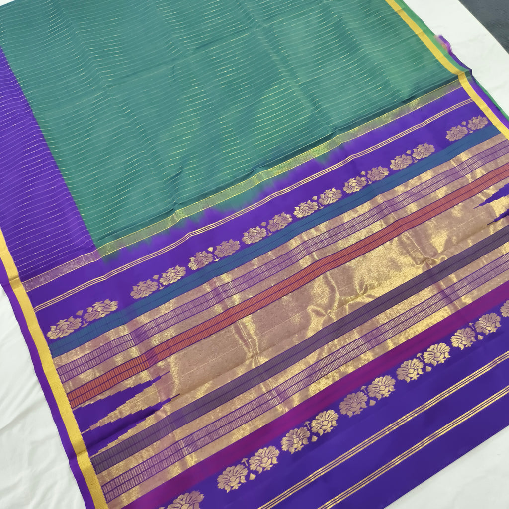 Pure Kanchipuram Silk Saree – Peacock Blue and Purple Contrast