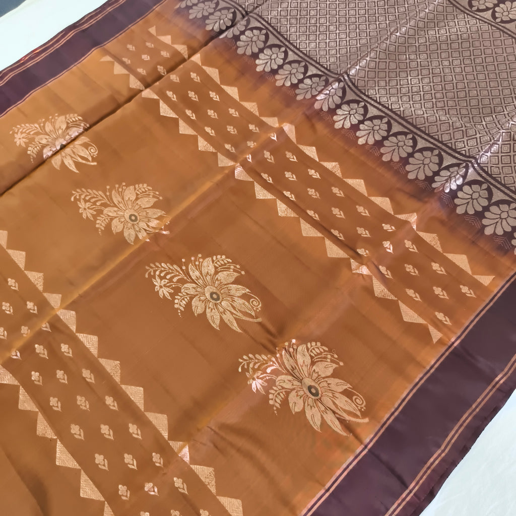 Soft Silk Saree – Copper Gold and Dark Brown Contrast