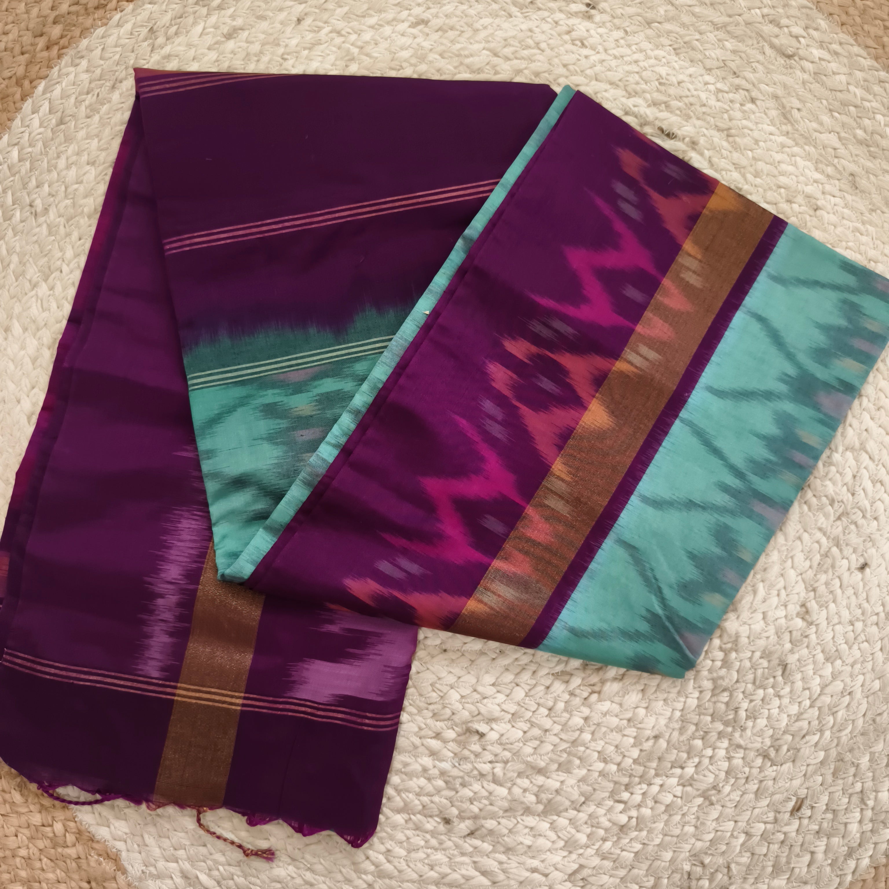 Silk Cotton Saree – Sea Green and Wine