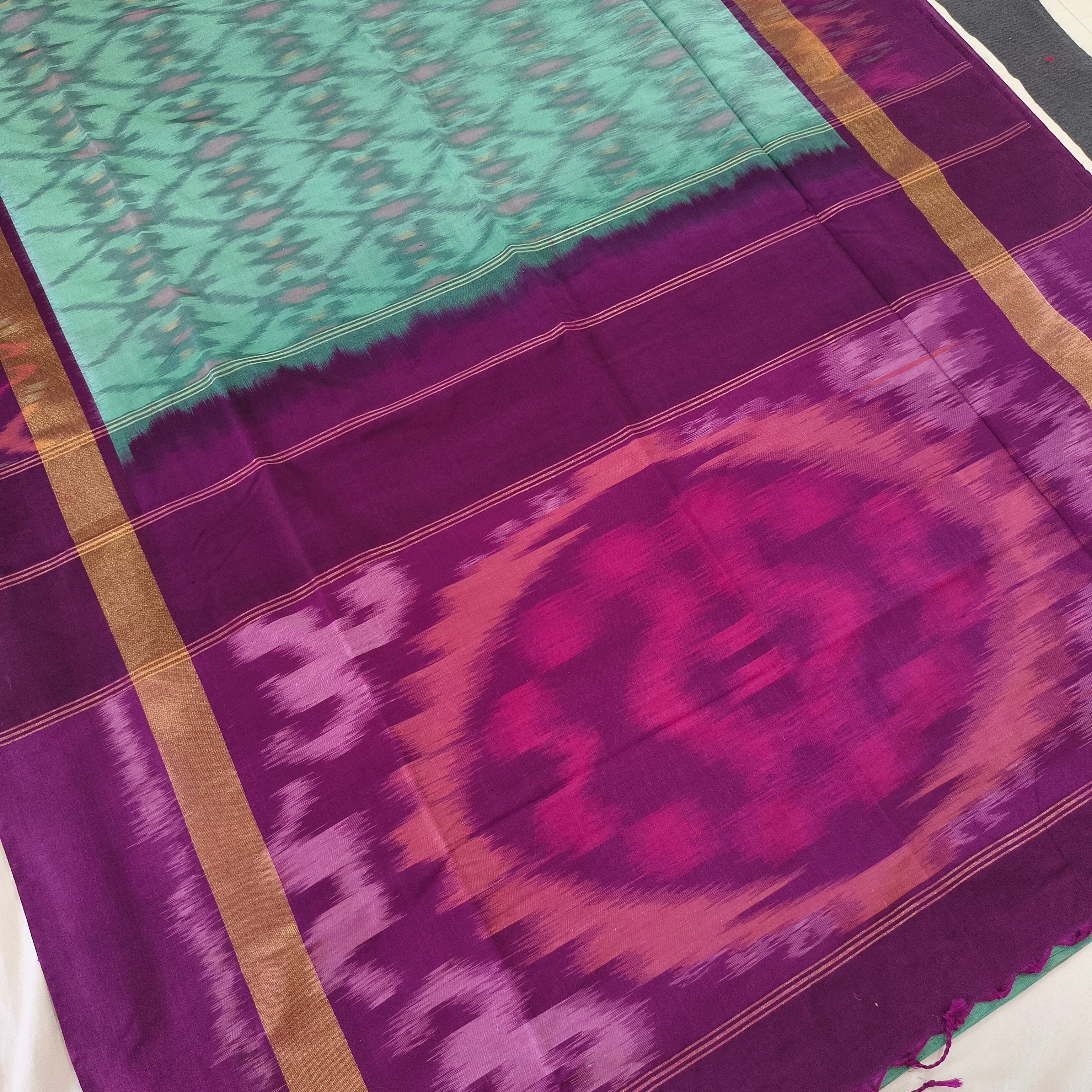 Silk Cotton Saree – Sea Green and Wine
