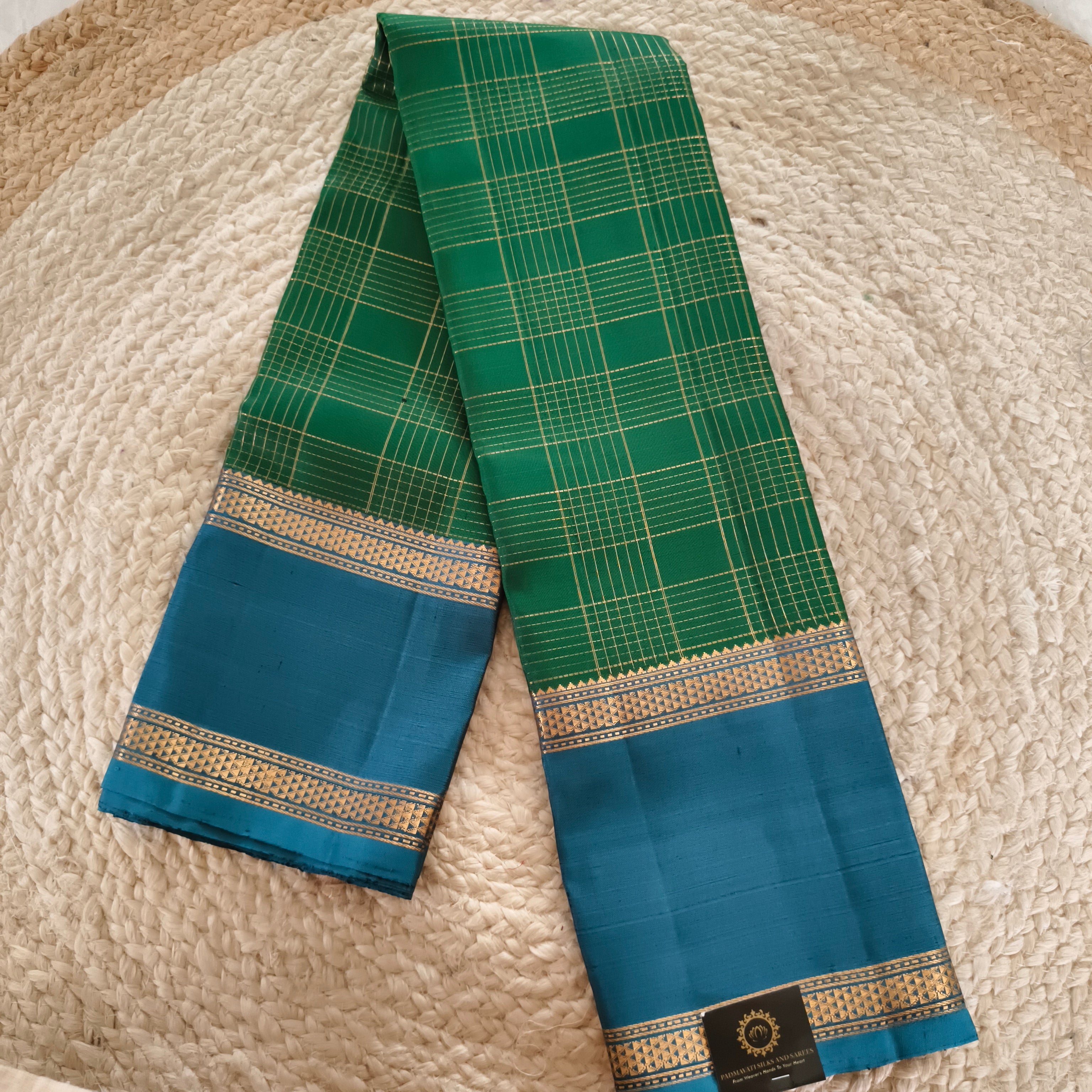 Pure Kanchipuram Silk Saree – Green and Blue Contrast with Checks