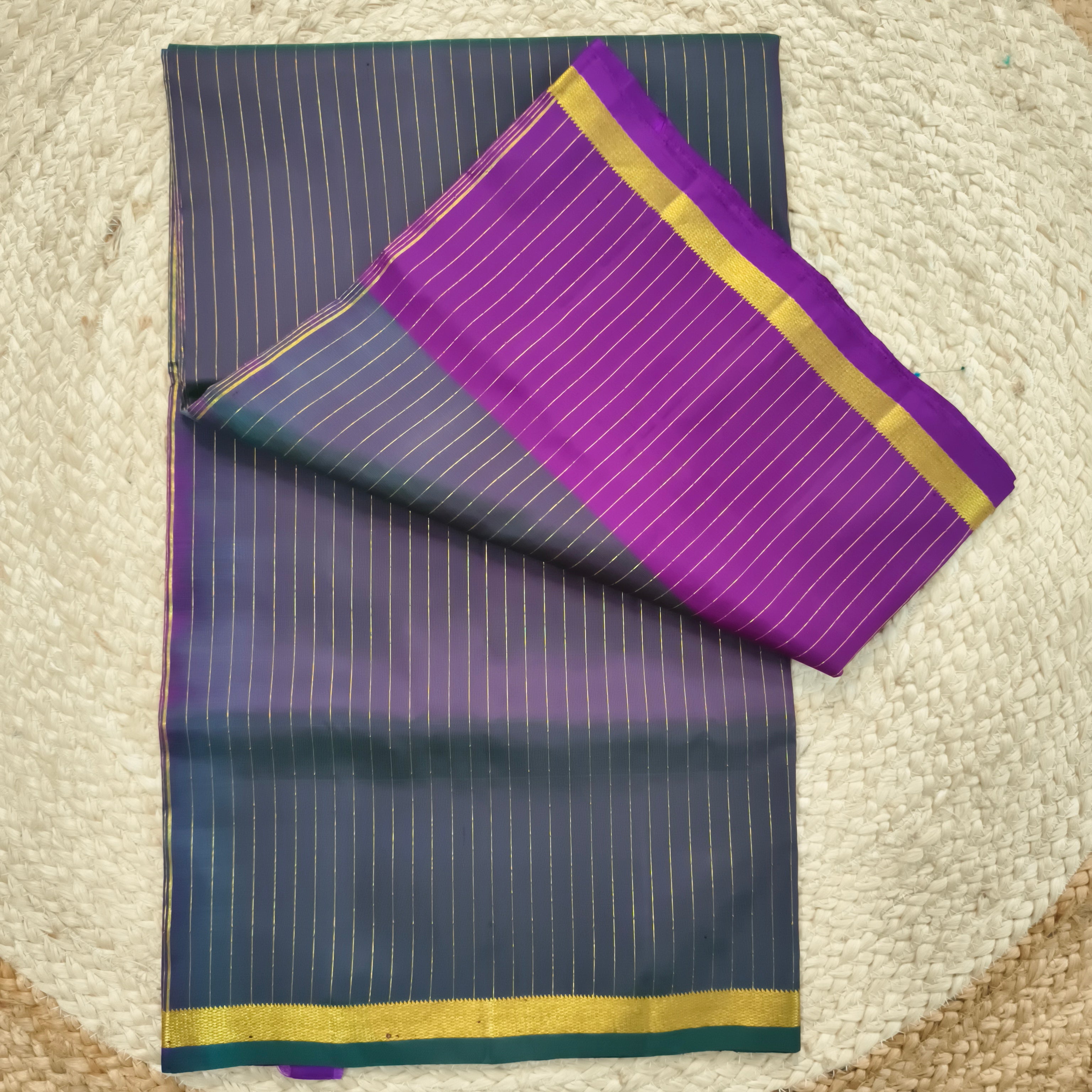 Pure Kanchipuram Silk Saree – Peacock Blue and Magenta Pink Contrast