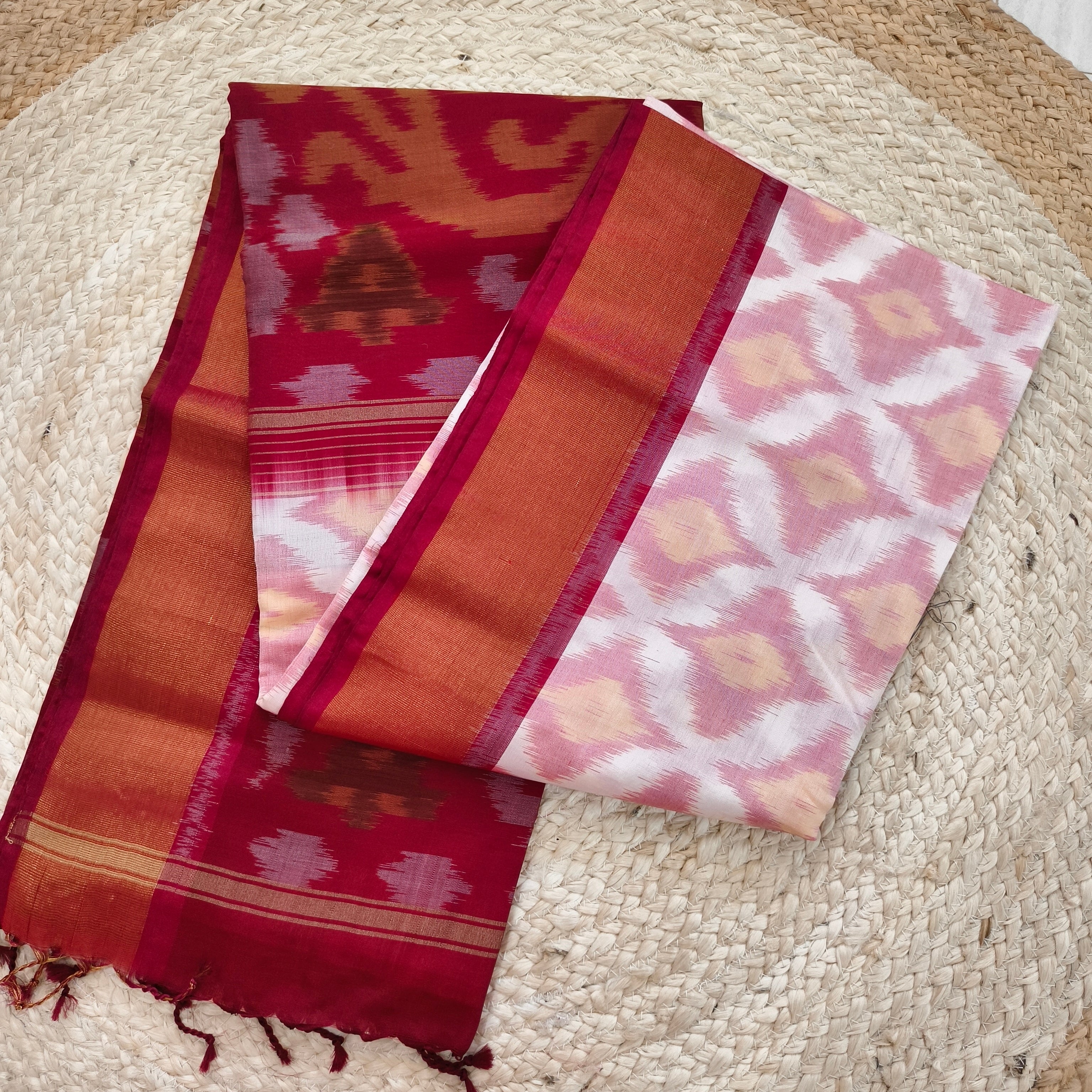 Silk Cotton Saree – White and Maroon