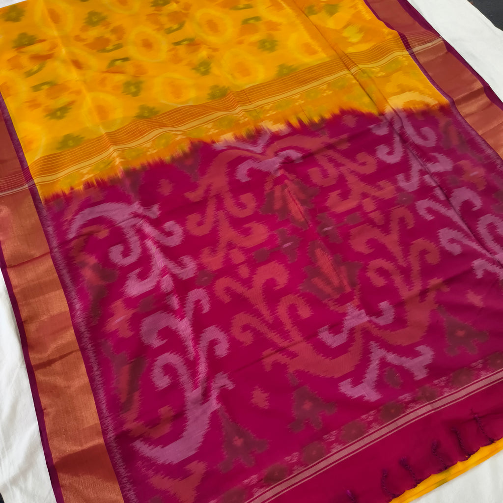 Silk Cotton Saree – Yellow and Rani Pink