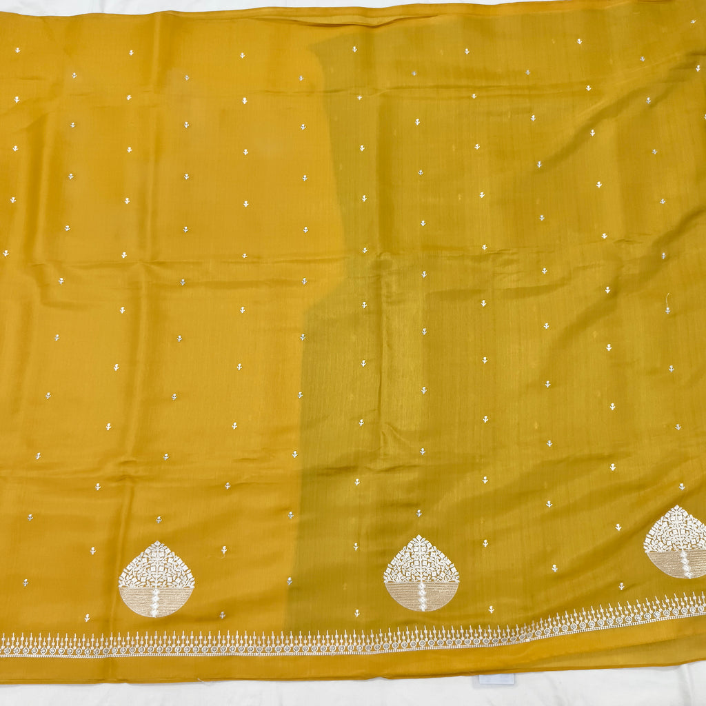 Yellow and Green Butter Silk saree