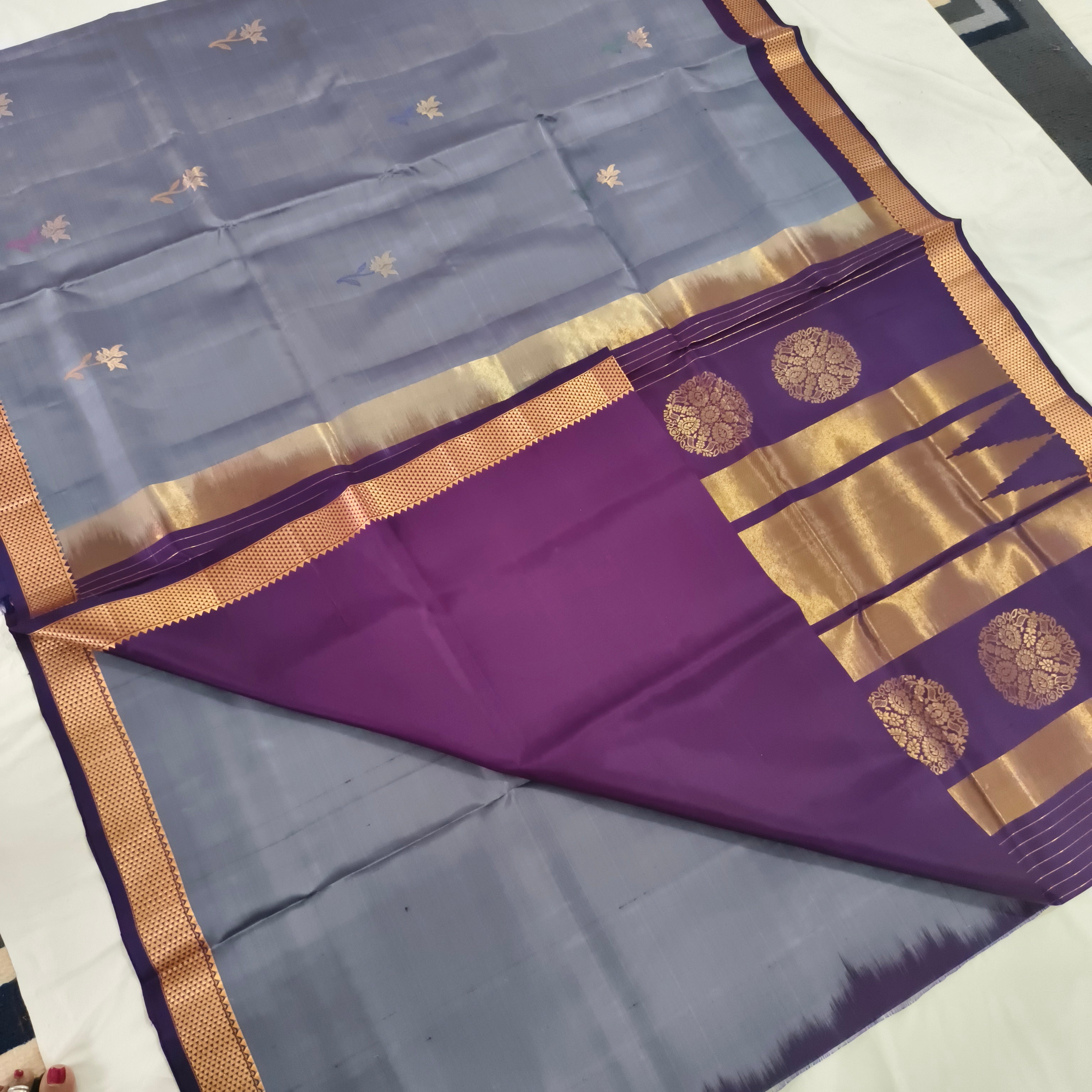 Pure Kanchipuram Silk Saree – Grey and Wine Contrast