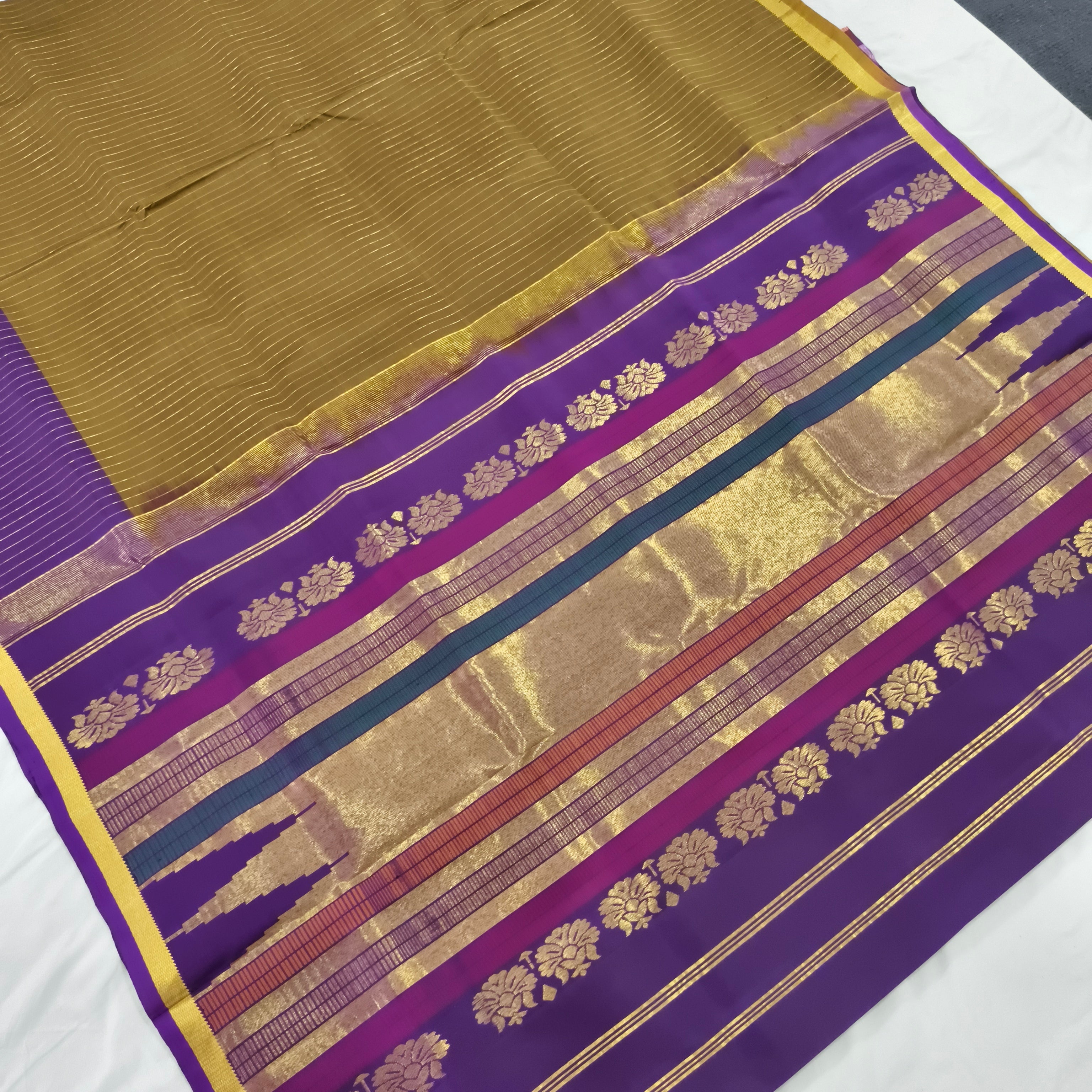 Pure Kanchipuram Silk Saree – Olive Green and Purple Contrast