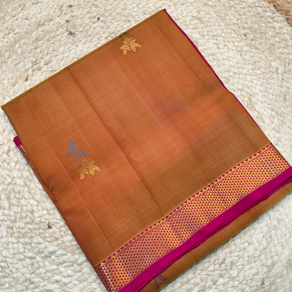 Pure Kanchipuram Silk Saree – Mustard Gold and Rani pink Contrast
