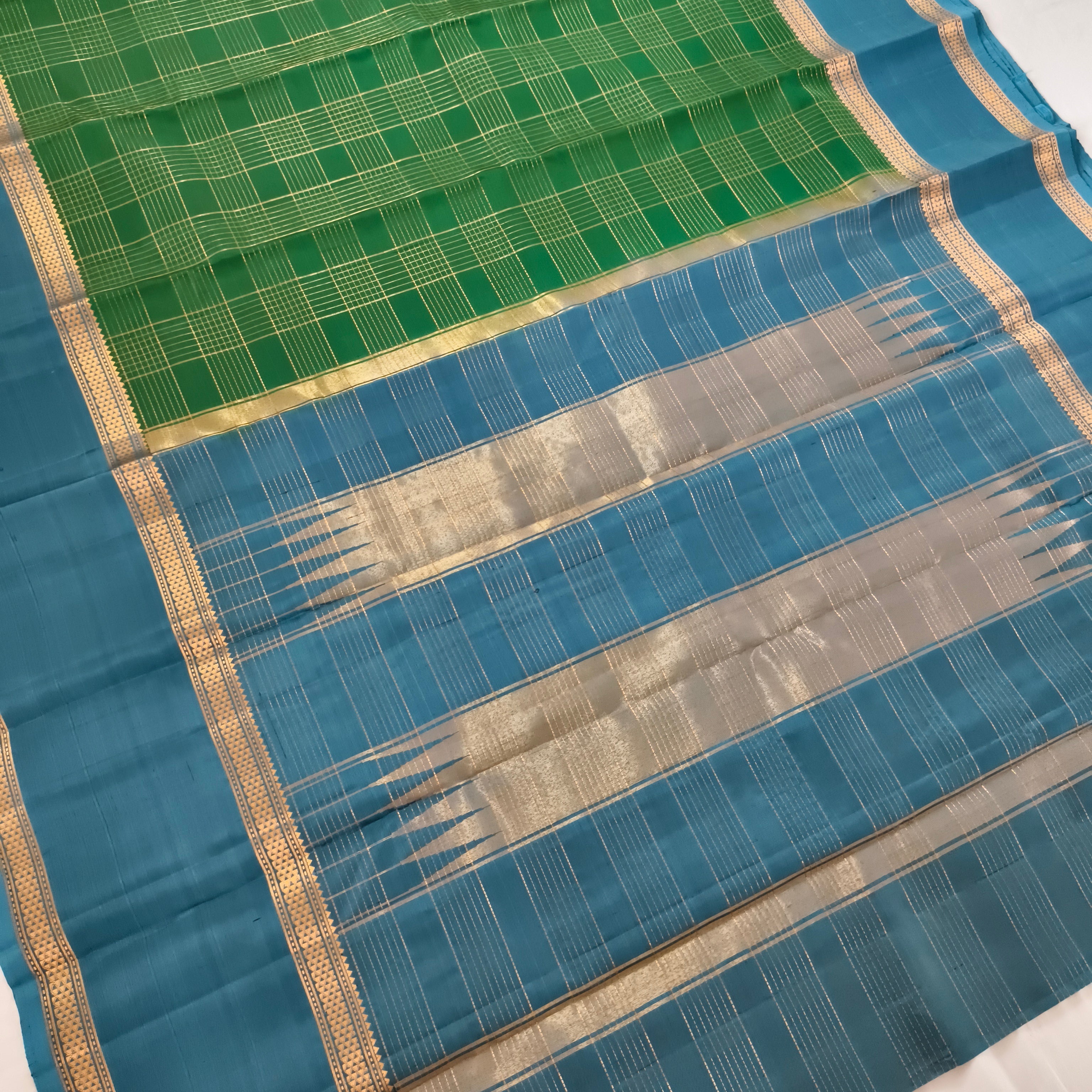Pure Kanchipuram Silk Saree – Green and Blue Contrast with Checks