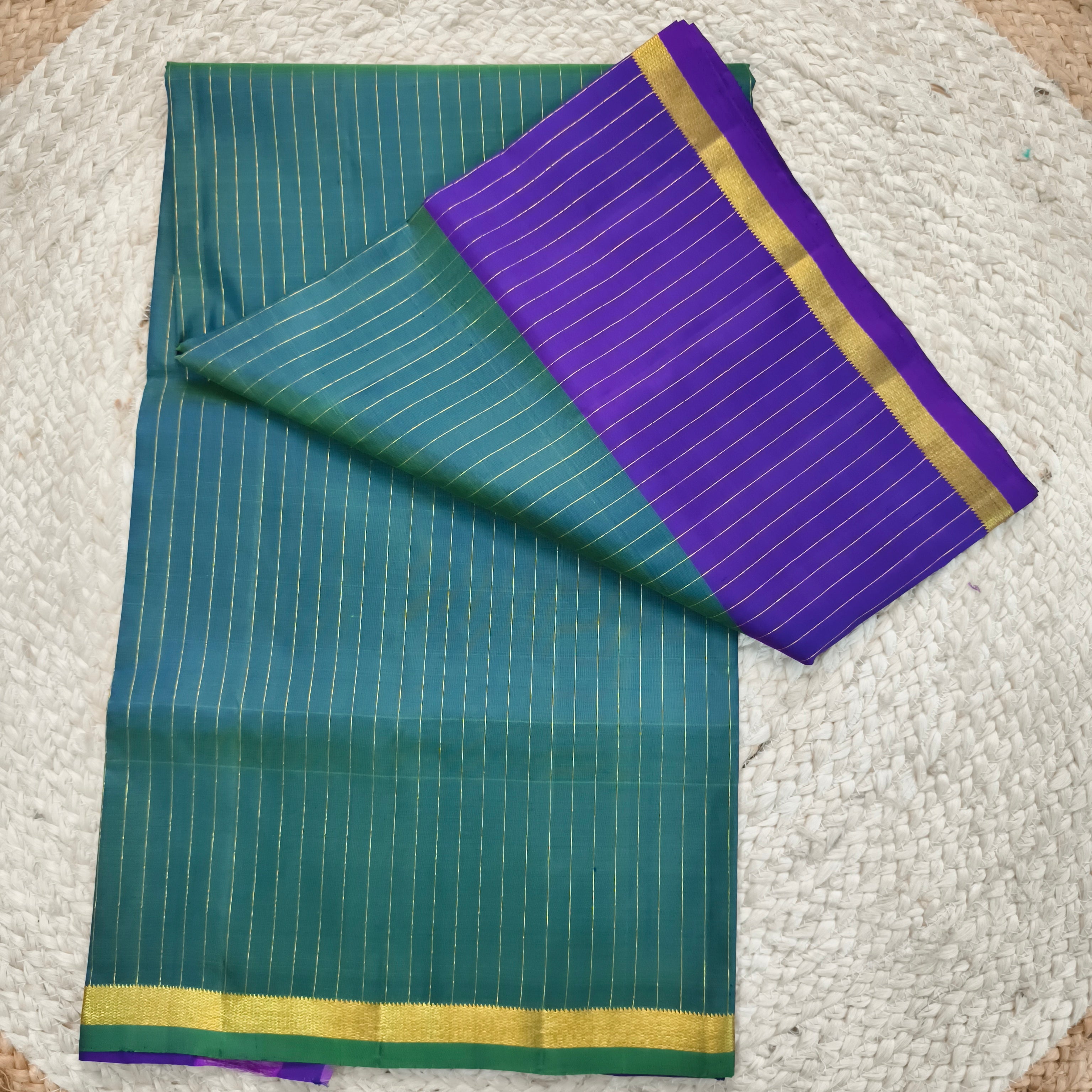 Pure Kanchipuram Silk Saree – Peacock Blue and Purple Contrast